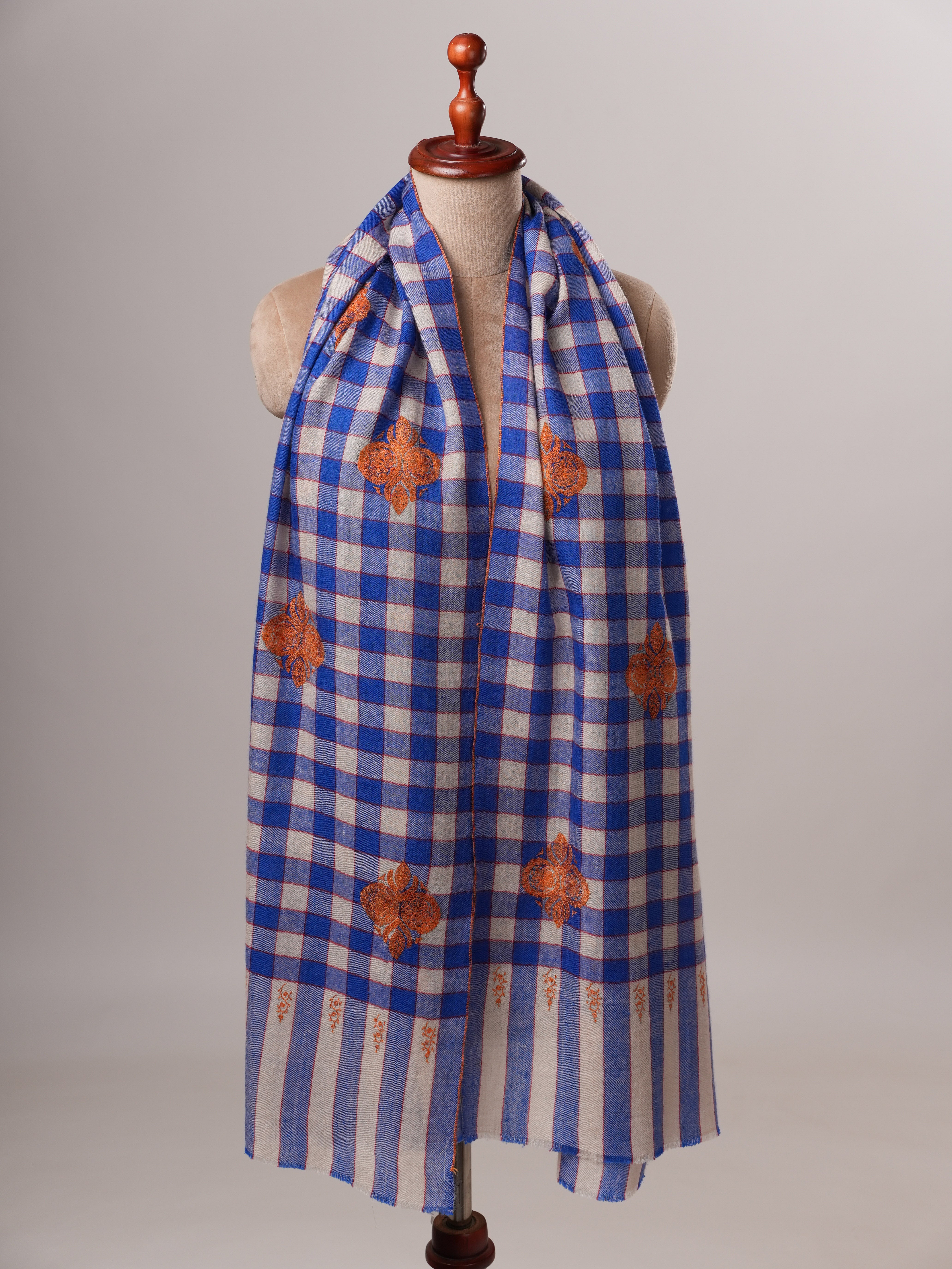 Modern Checked Cashmere Scarf with Traditional Buteh Embroidery Shahkaar