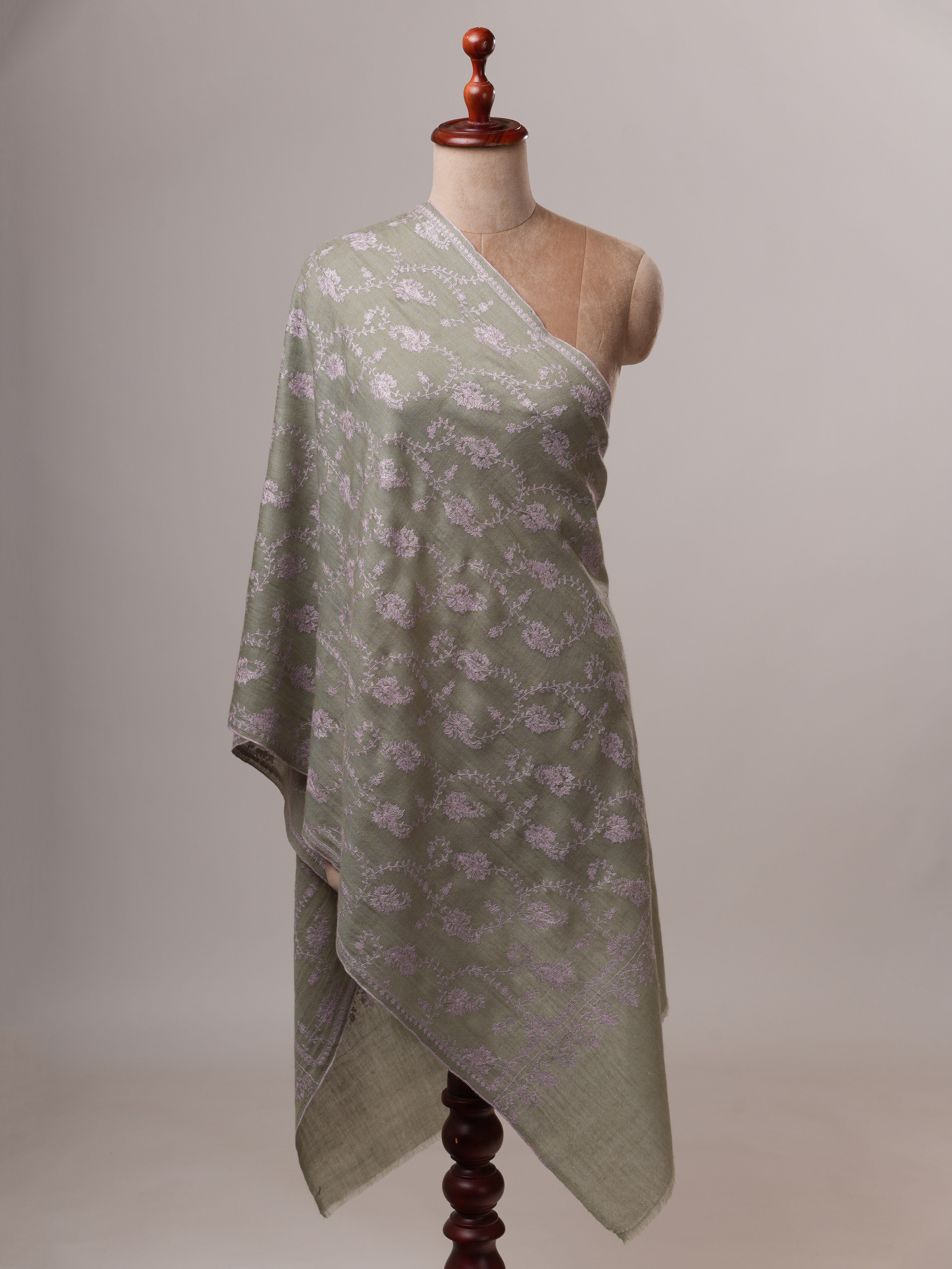 Ice Green Hand Embroidered Cashmere Scarf with Classic Kashmiri Motif Shahkaar