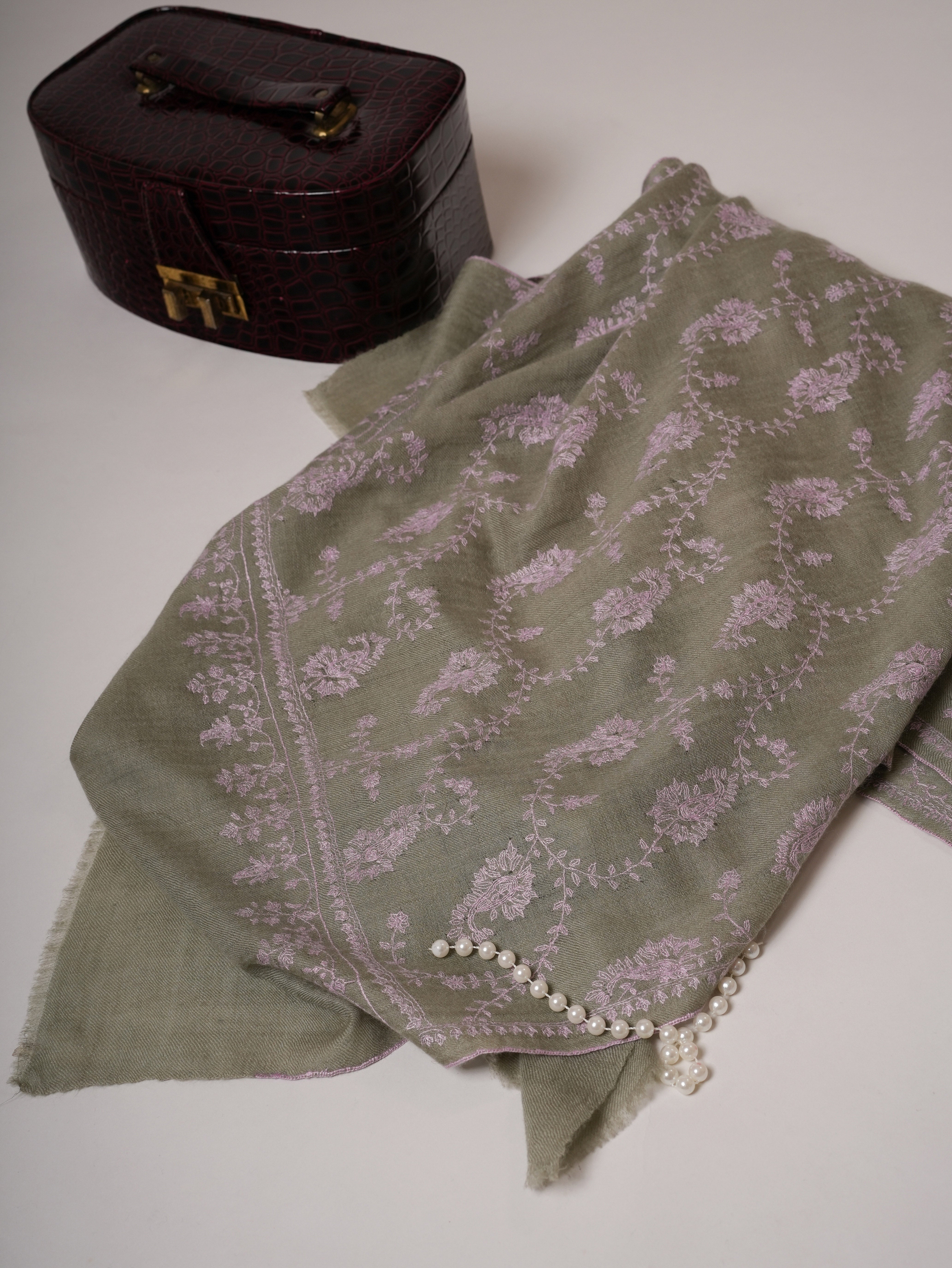 Ice Green Hand Embroidered Cashmere Scarf with Classic Kashmiri Motif Shahkaar