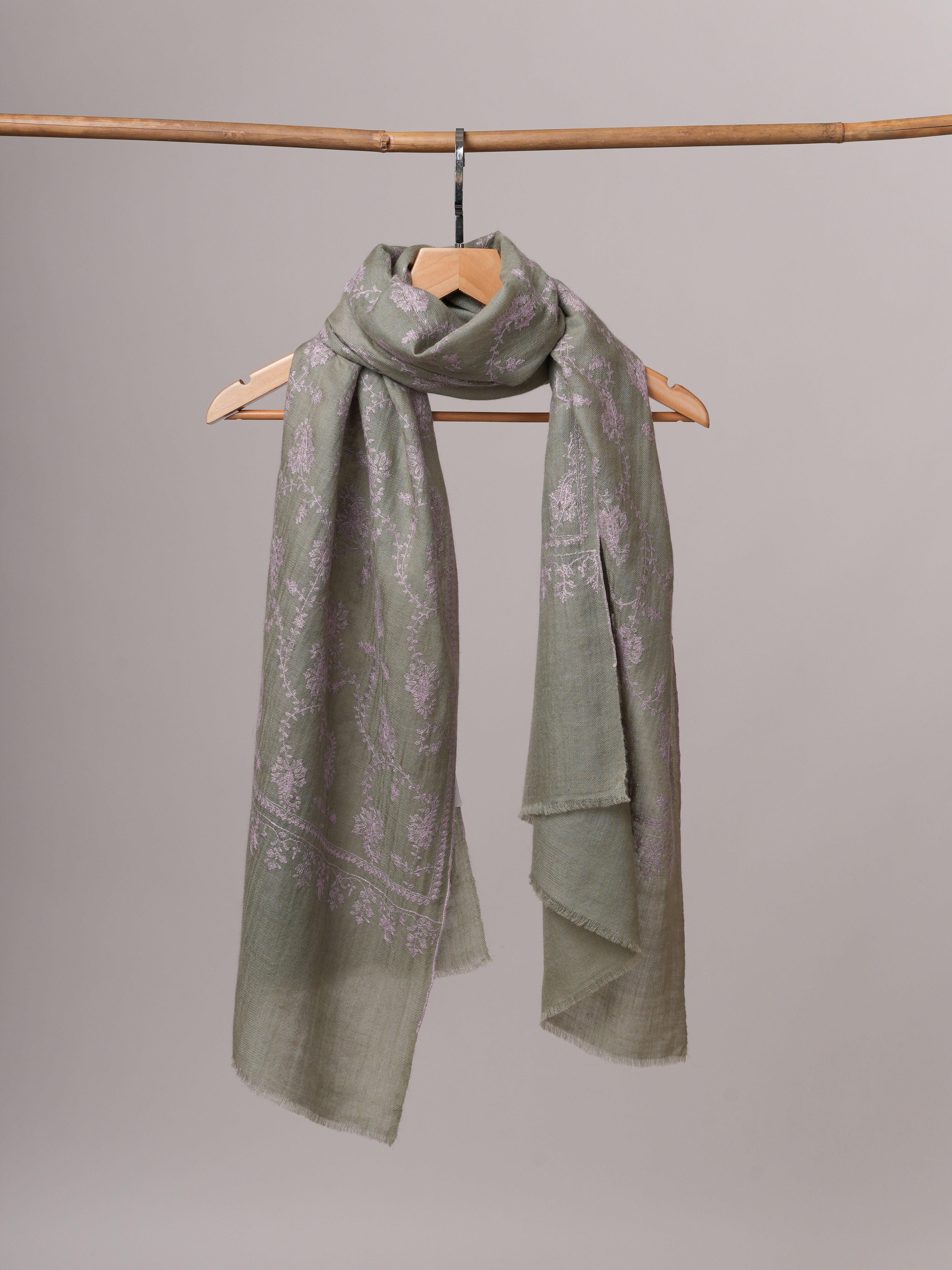 Ice Green Hand Embroidered Cashmere Scarf with Classic Kashmiri Motif Shahkaar