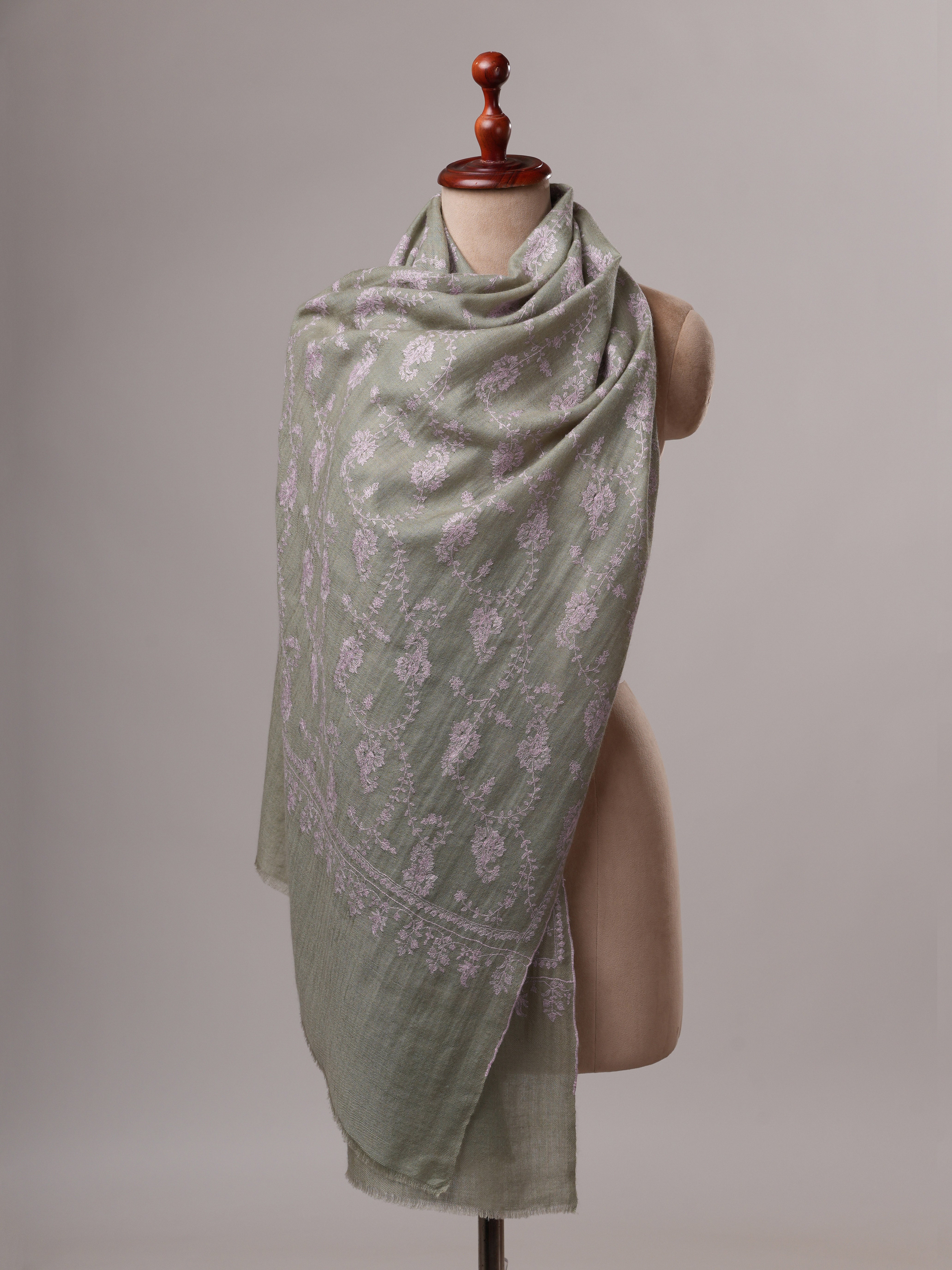 Ice Green Hand Embroidered Cashmere Scarf with Classic Kashmiri Motif Shahkaar