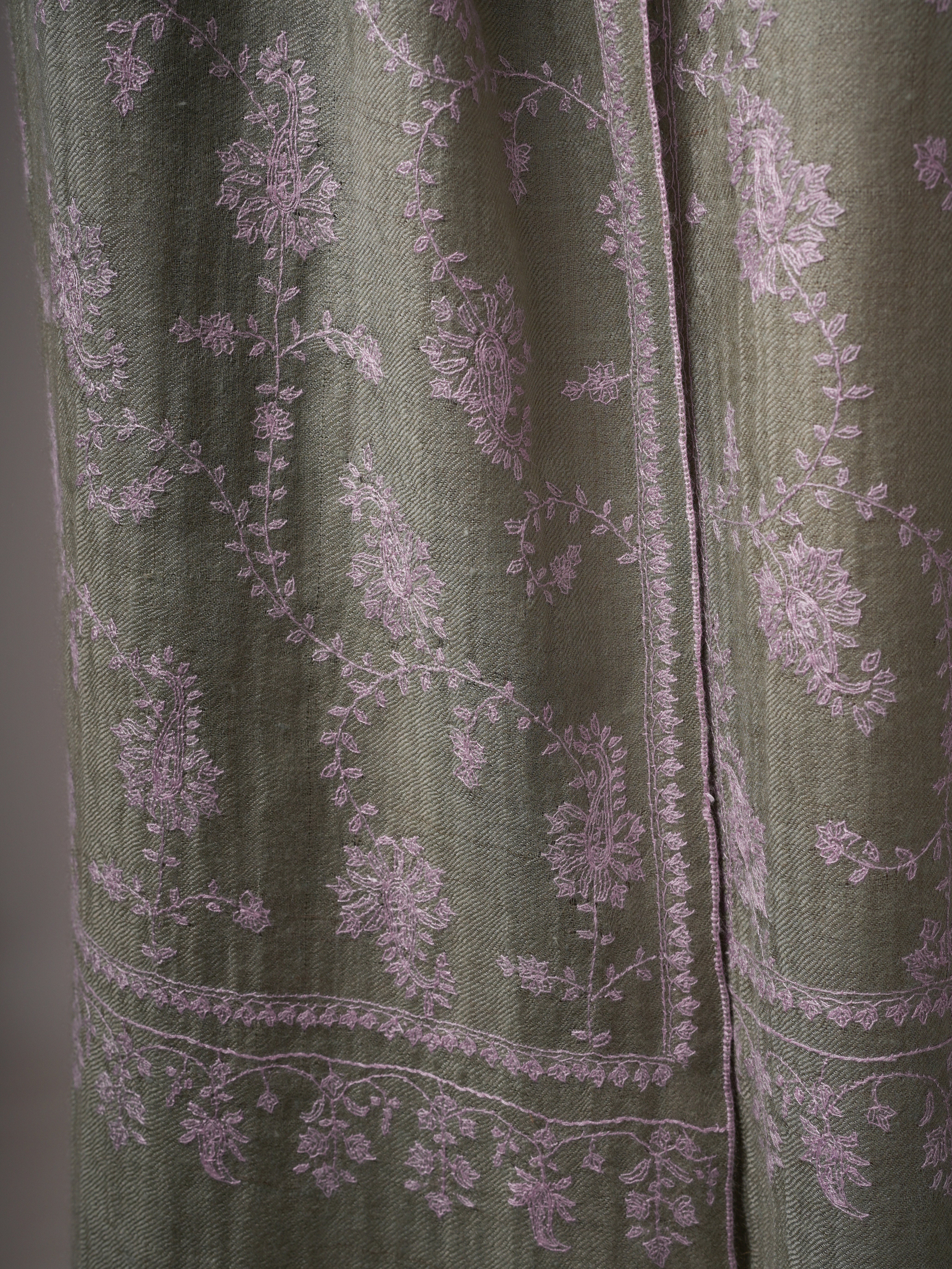 Ice Green Hand Embroidered Cashmere Scarf with Classic Kashmiri Motif Shahkaar