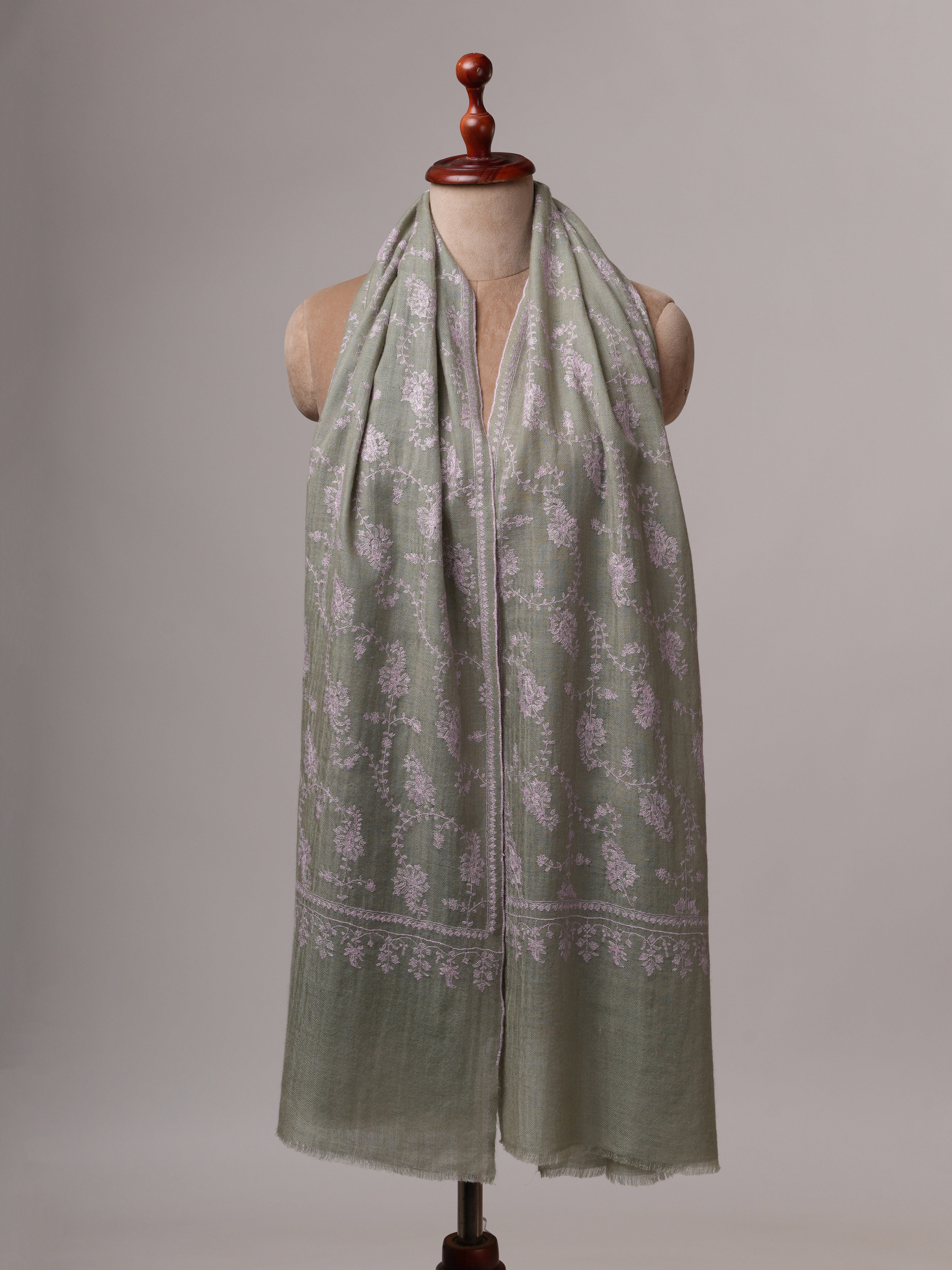 Ice Green Hand Embroidered Cashmere Scarf with Classic Kashmiri Motif Shahkaar