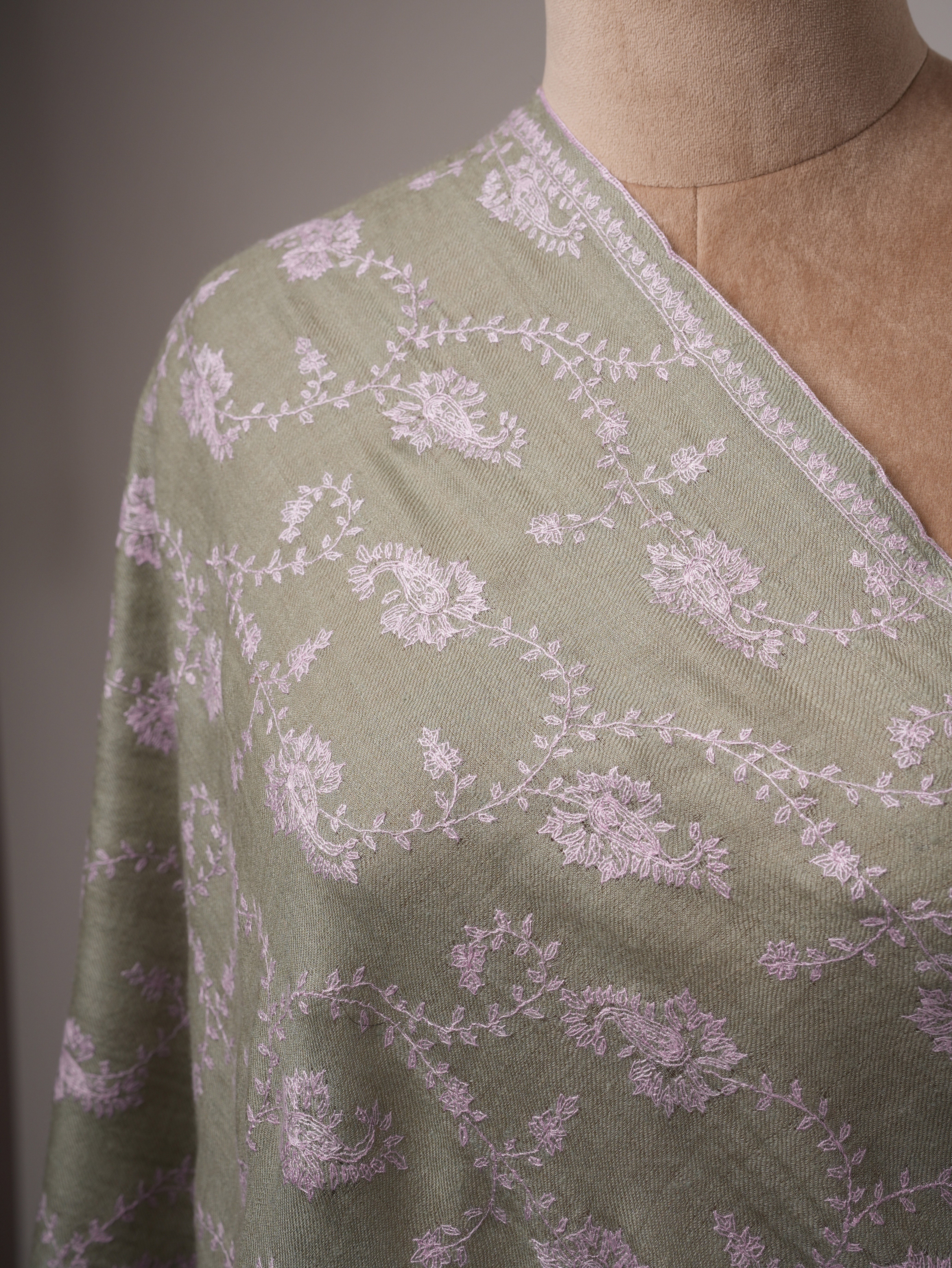 Ice Green Hand Embroidered Cashmere Scarf with Classic Kashmiri Motif Shahkaar