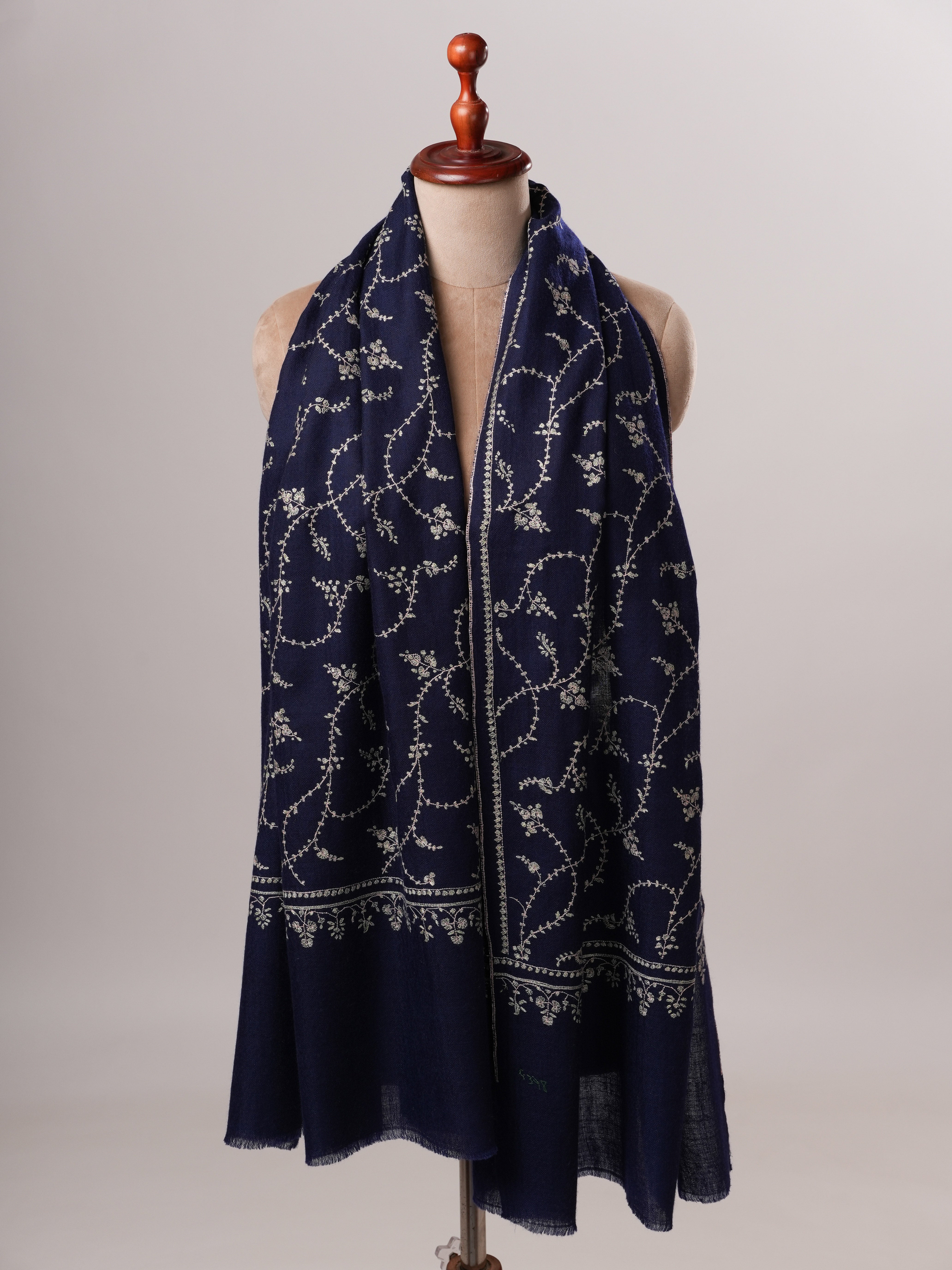 Dark Blue Cashmere Scarf with All-Over Classic Kashmiri Jali Embroidery Shahkaar