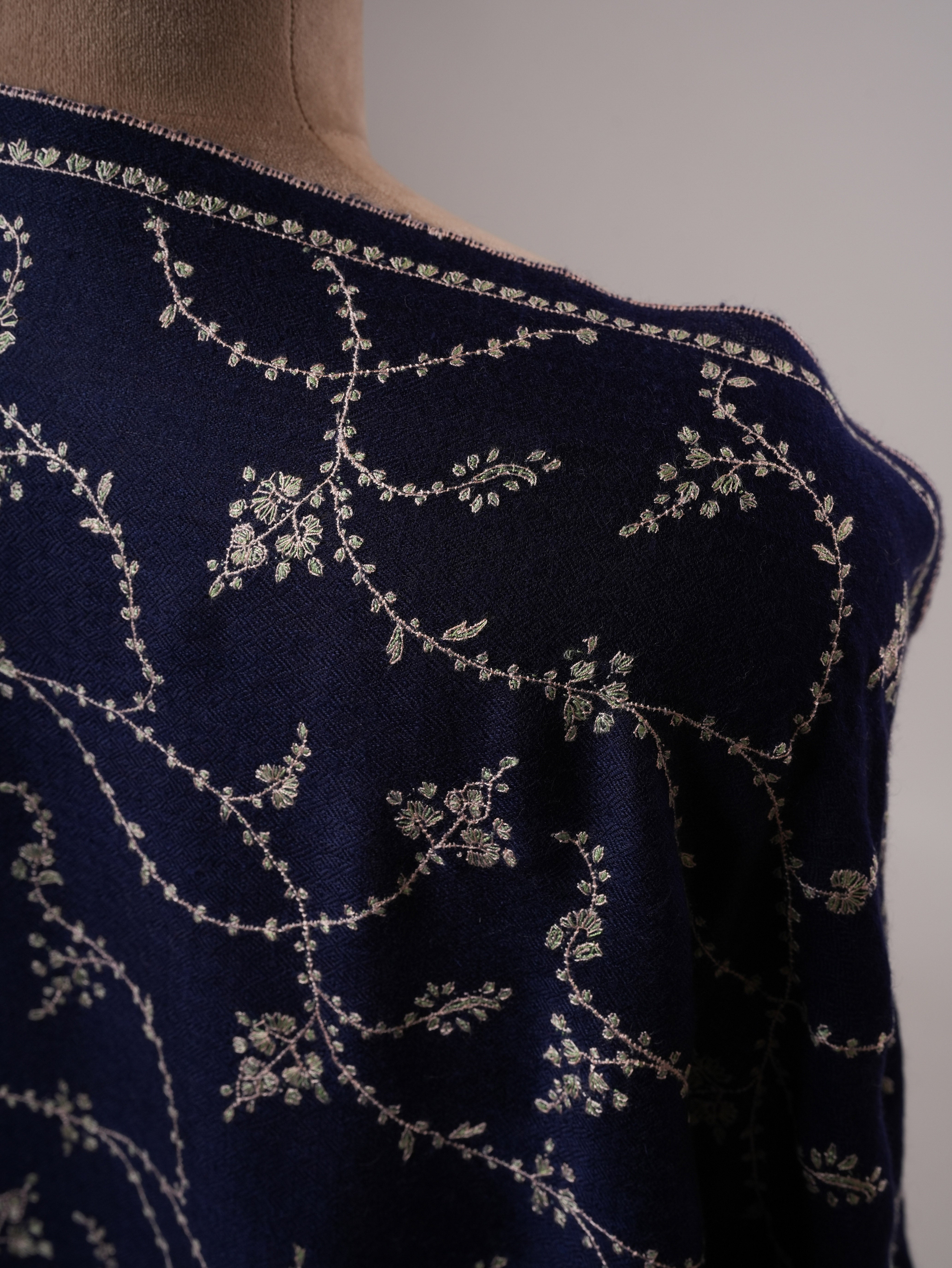 Dark Blue Cashmere Scarf with All-Over Classic Kashmiri Jali Embroidery Shahkaar