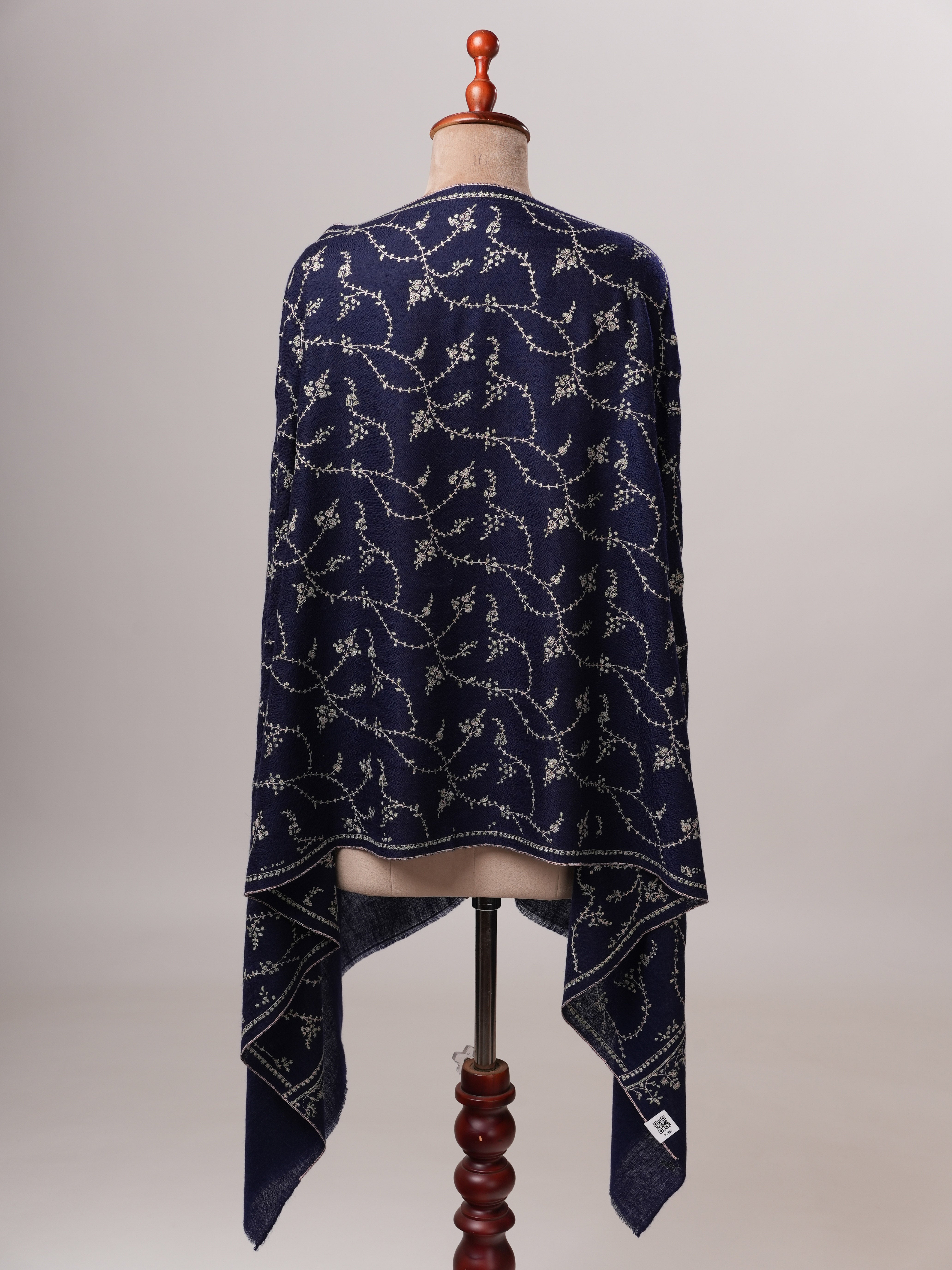 Dark Blue Cashmere Scarf with All-Over Classic Kashmiri Jali Embroidery Shahkaar