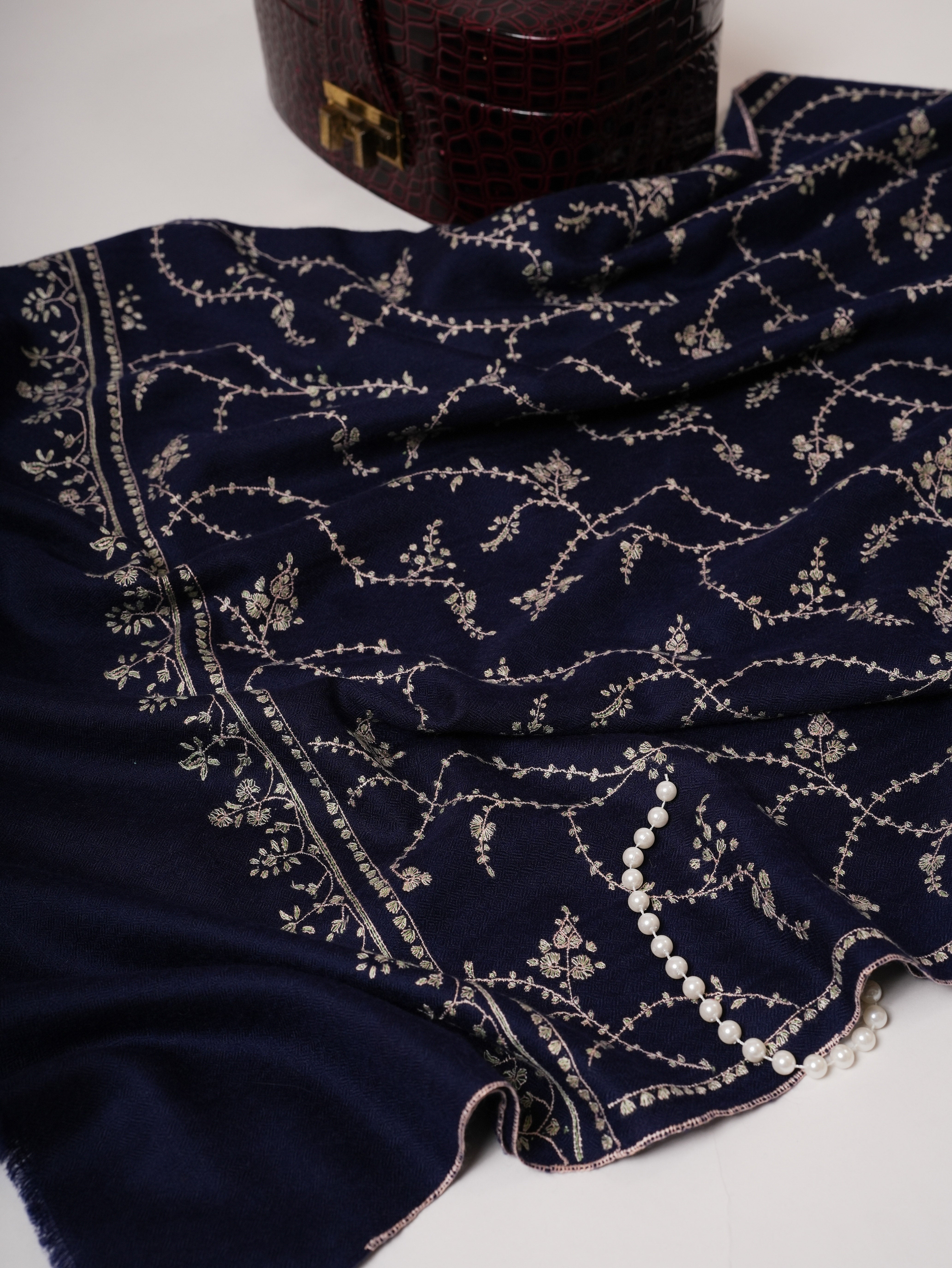 Dark Blue Cashmere Scarf with All-Over Classic Kashmiri Jali Embroidery Shahkaar