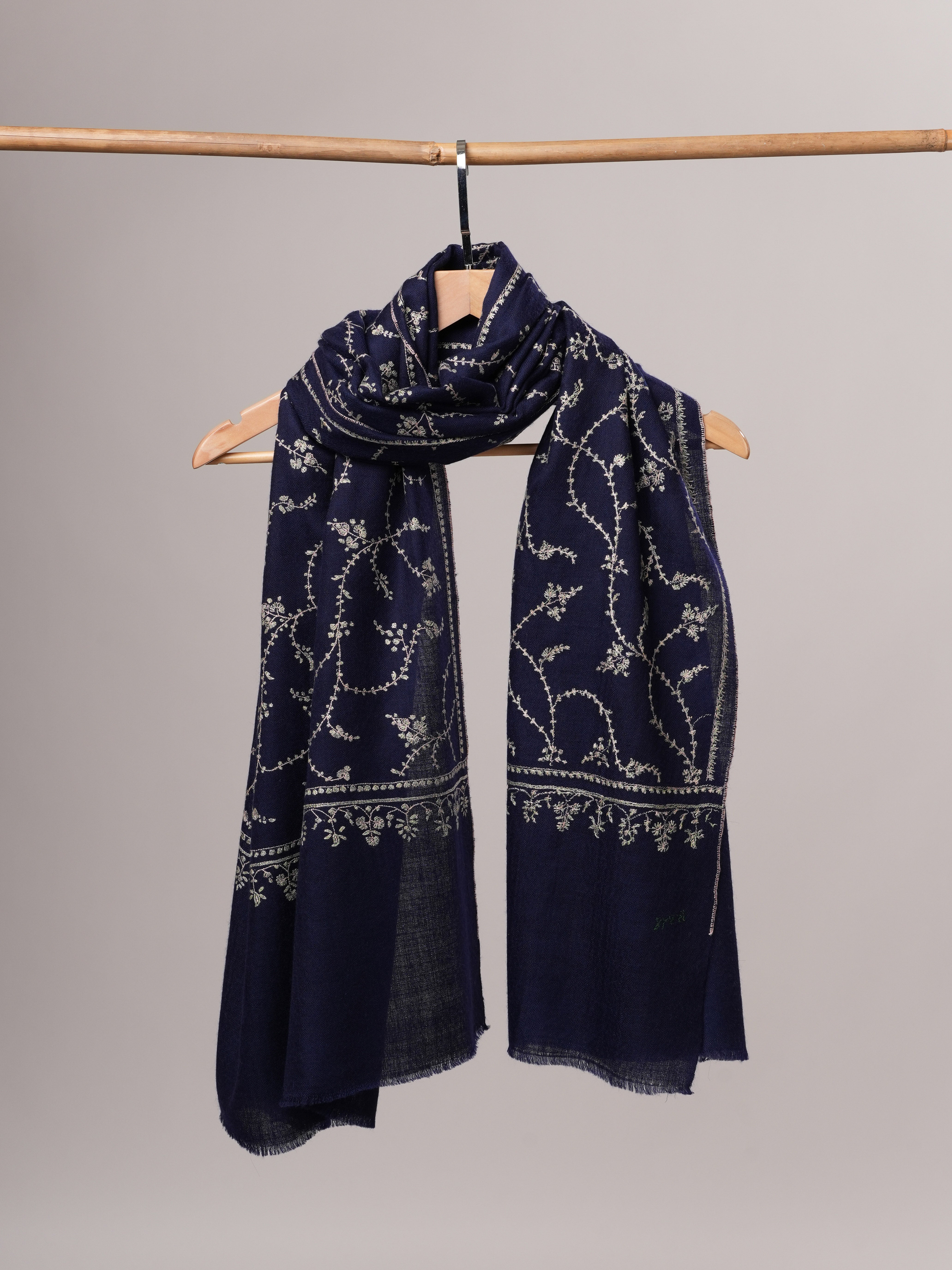Dark Blue Cashmere Scarf with All-Over Classic Kashmiri Jali Embroidery Shahkaar