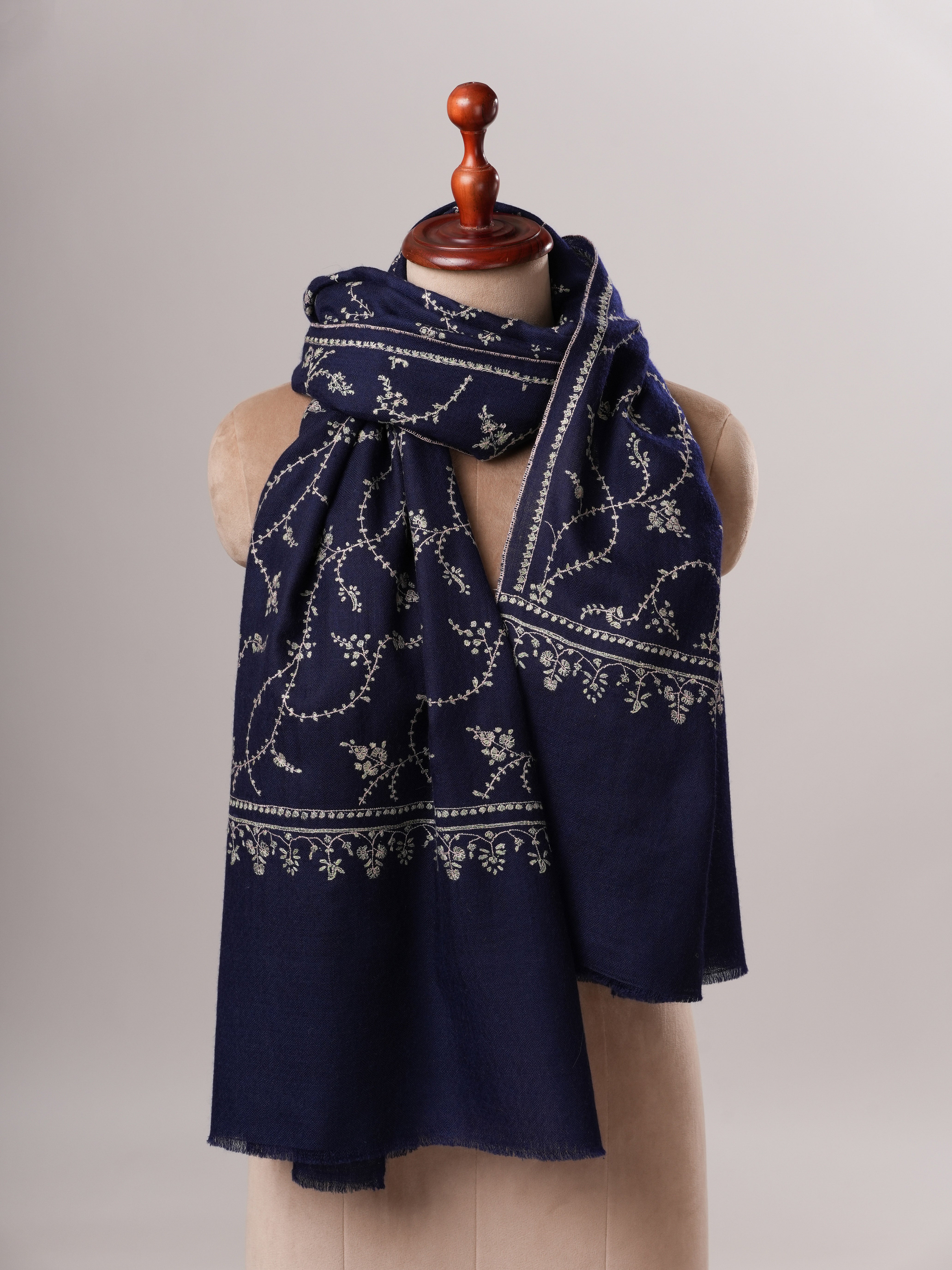 Dark Blue Cashmere Scarf with All-Over Classic Kashmiri Jali Embroidery Shahkaar