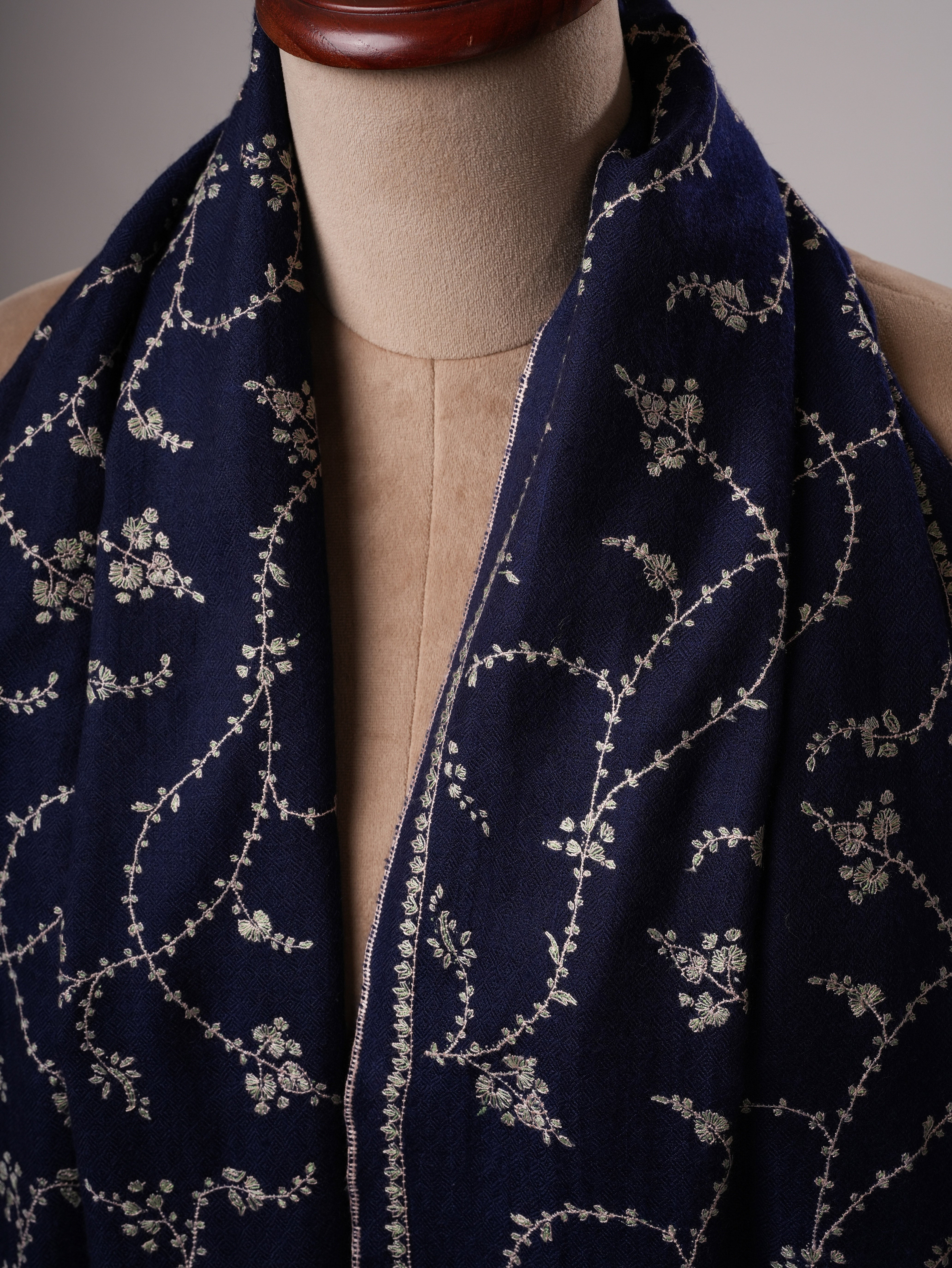 Dark Blue Cashmere Scarf with All-Over Classic Kashmiri Jali Embroidery Shahkaar