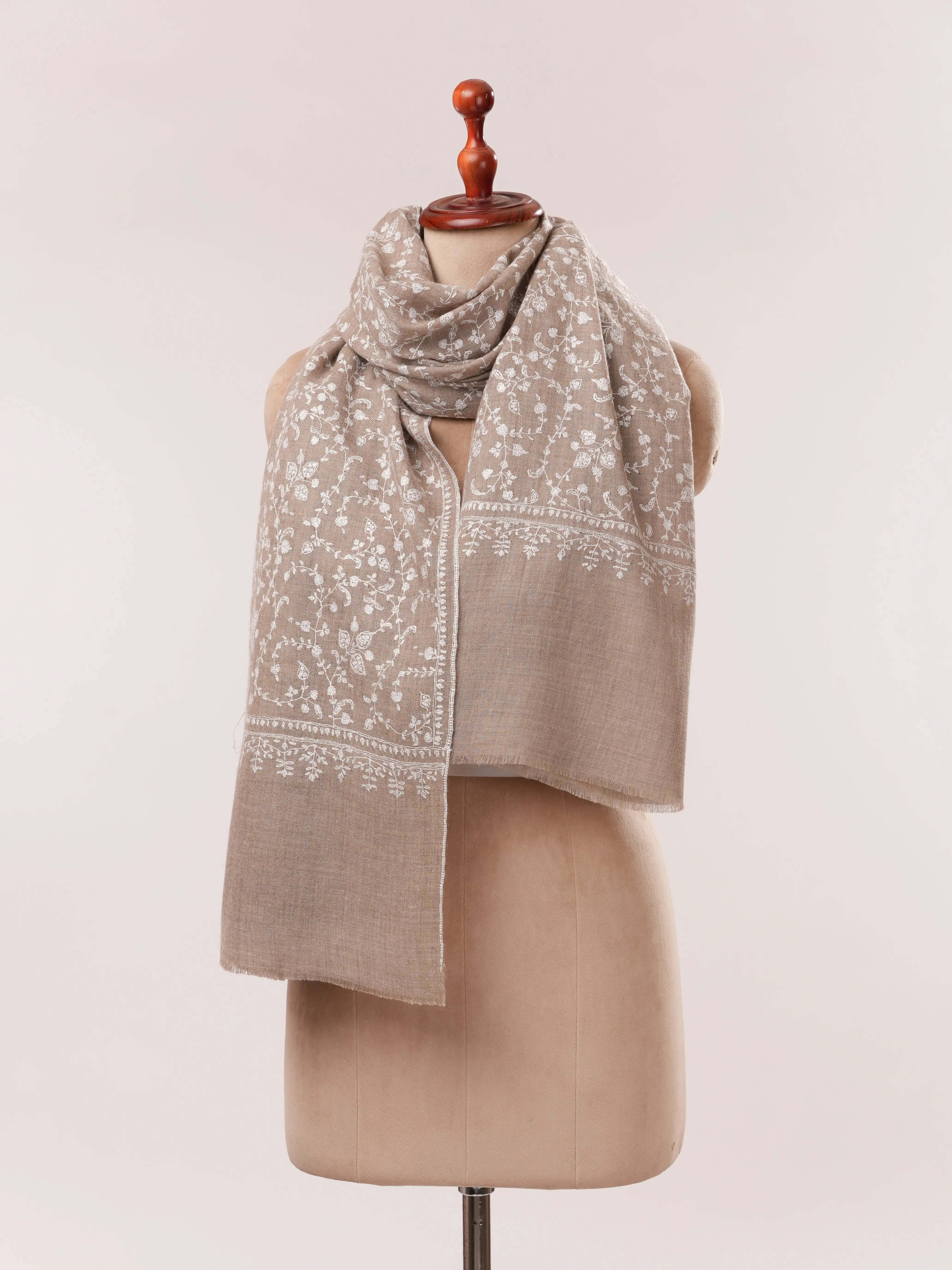 Natural Taupe Soft Pashmina Shawl with White Hand Embroidery Shahkaar.com