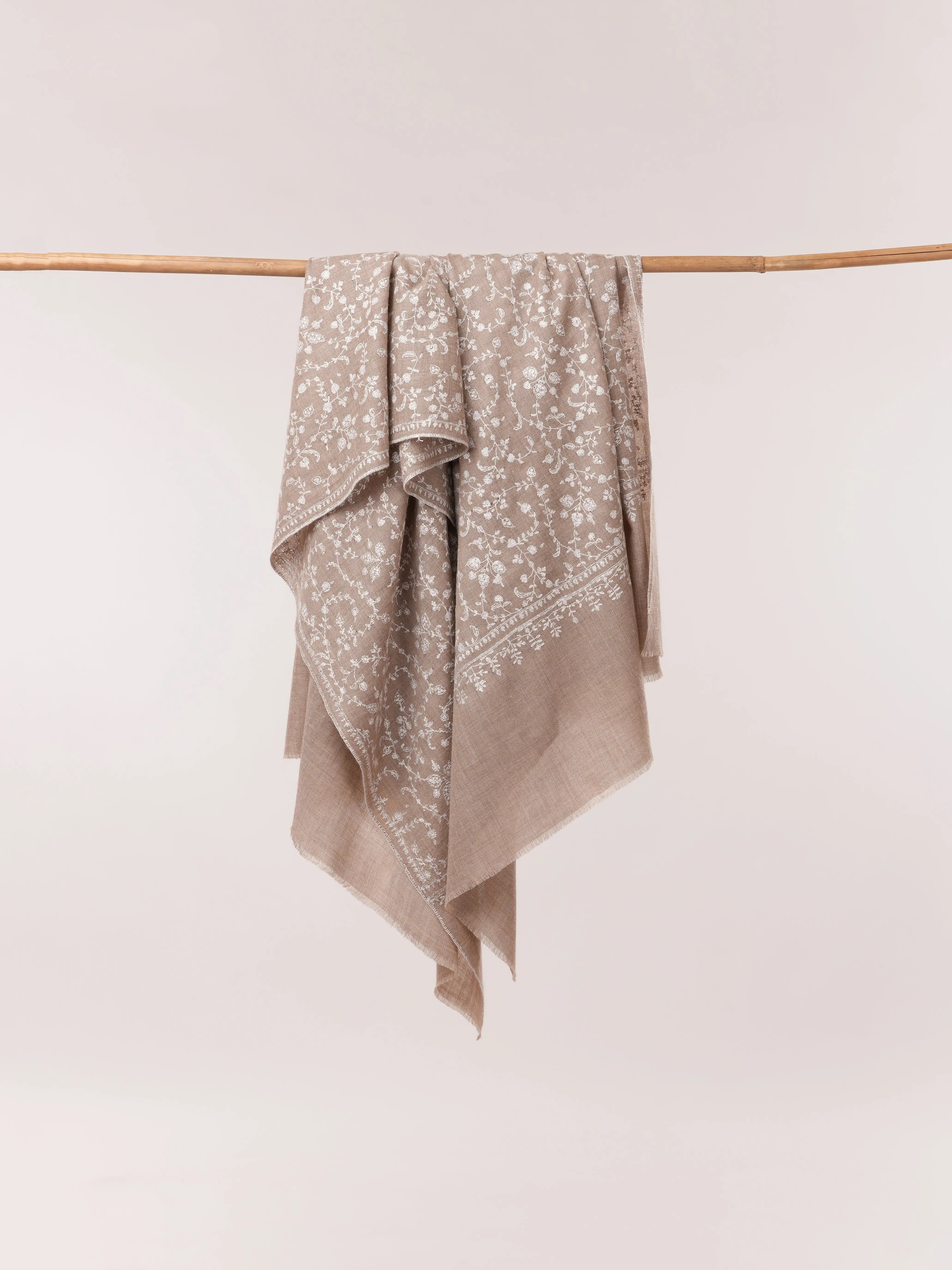 Natural Taupe Soft Pashmina Shawl with White Hand Embroidery Shahkaar.com