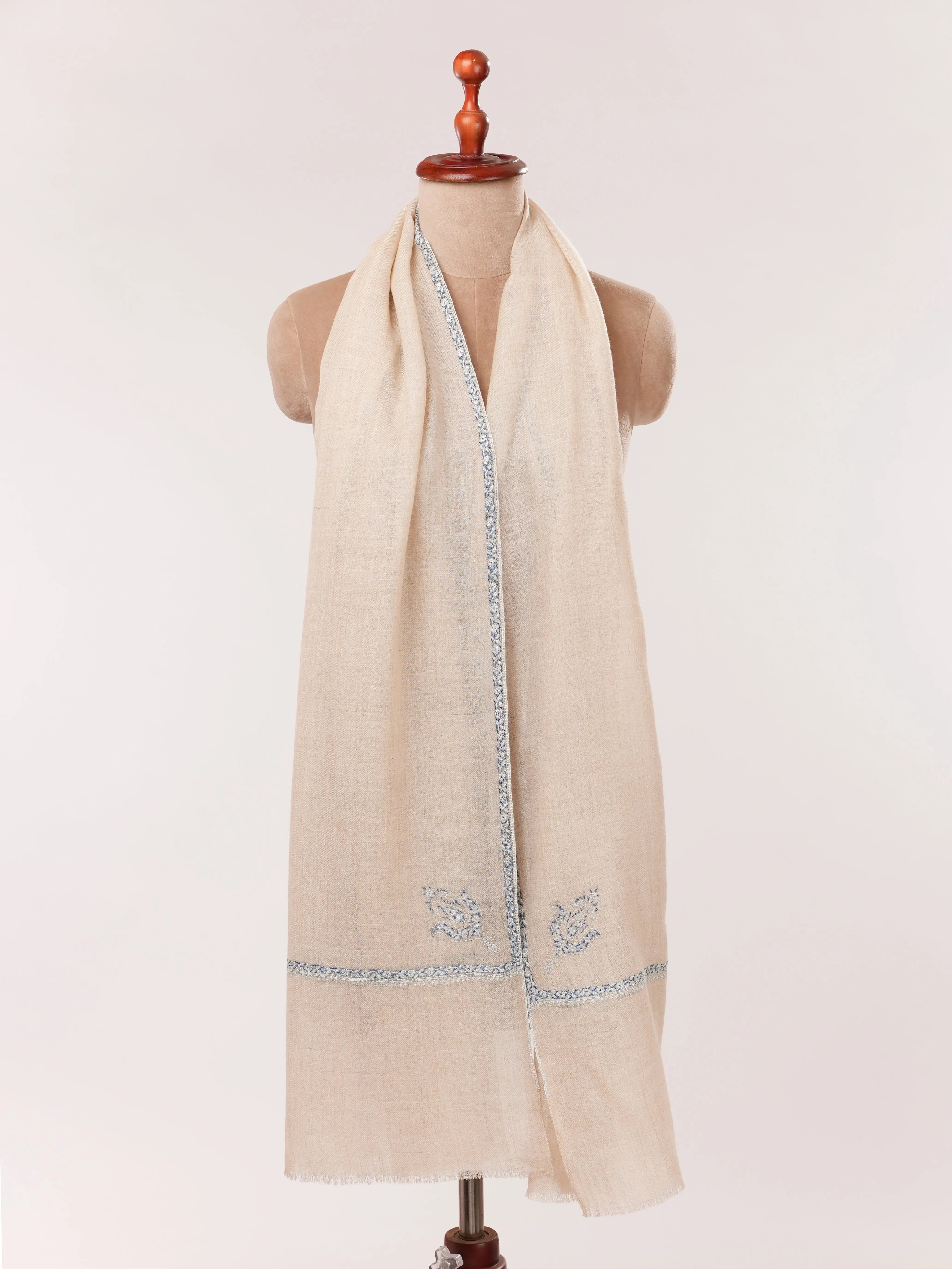 Natural Off White Hand Embroidered Authentic Cashmere Scarf Shahkaar.com