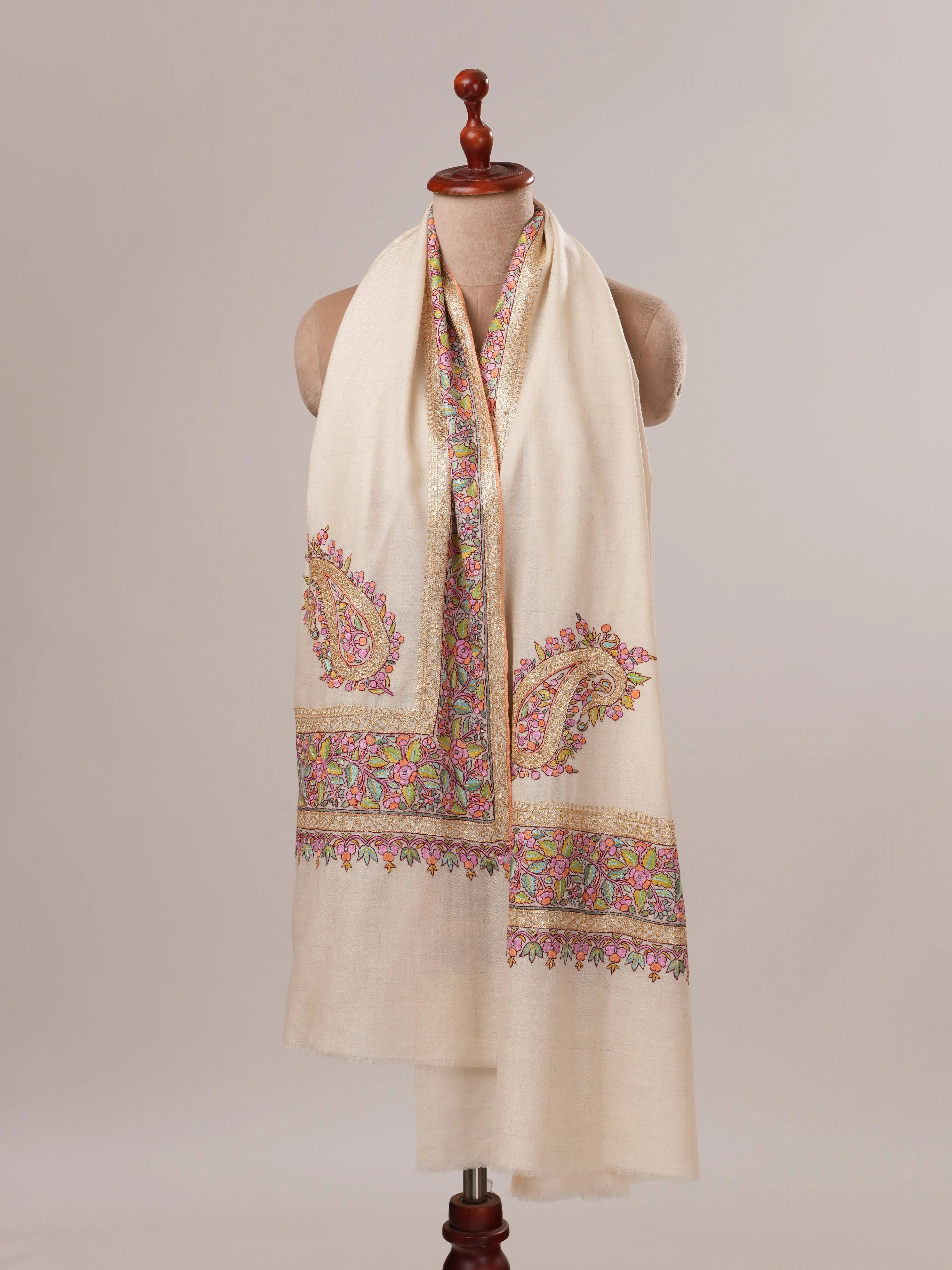 White Daurdar Hand Embroidered Pure Pashmina Shawl Shahkaar.com