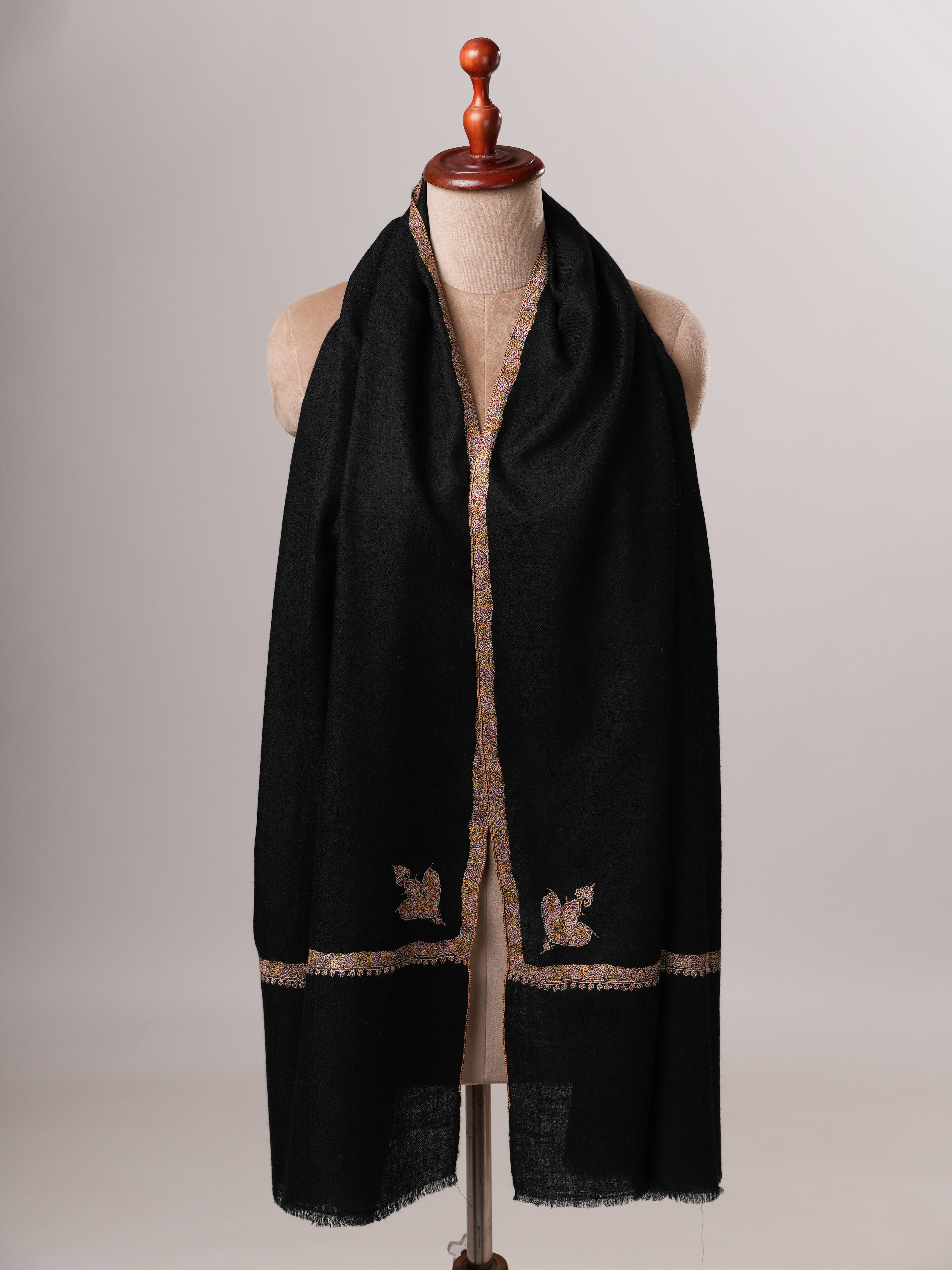 Black Cashmere Scarf with Bail Hand Embroidery Shahkaar