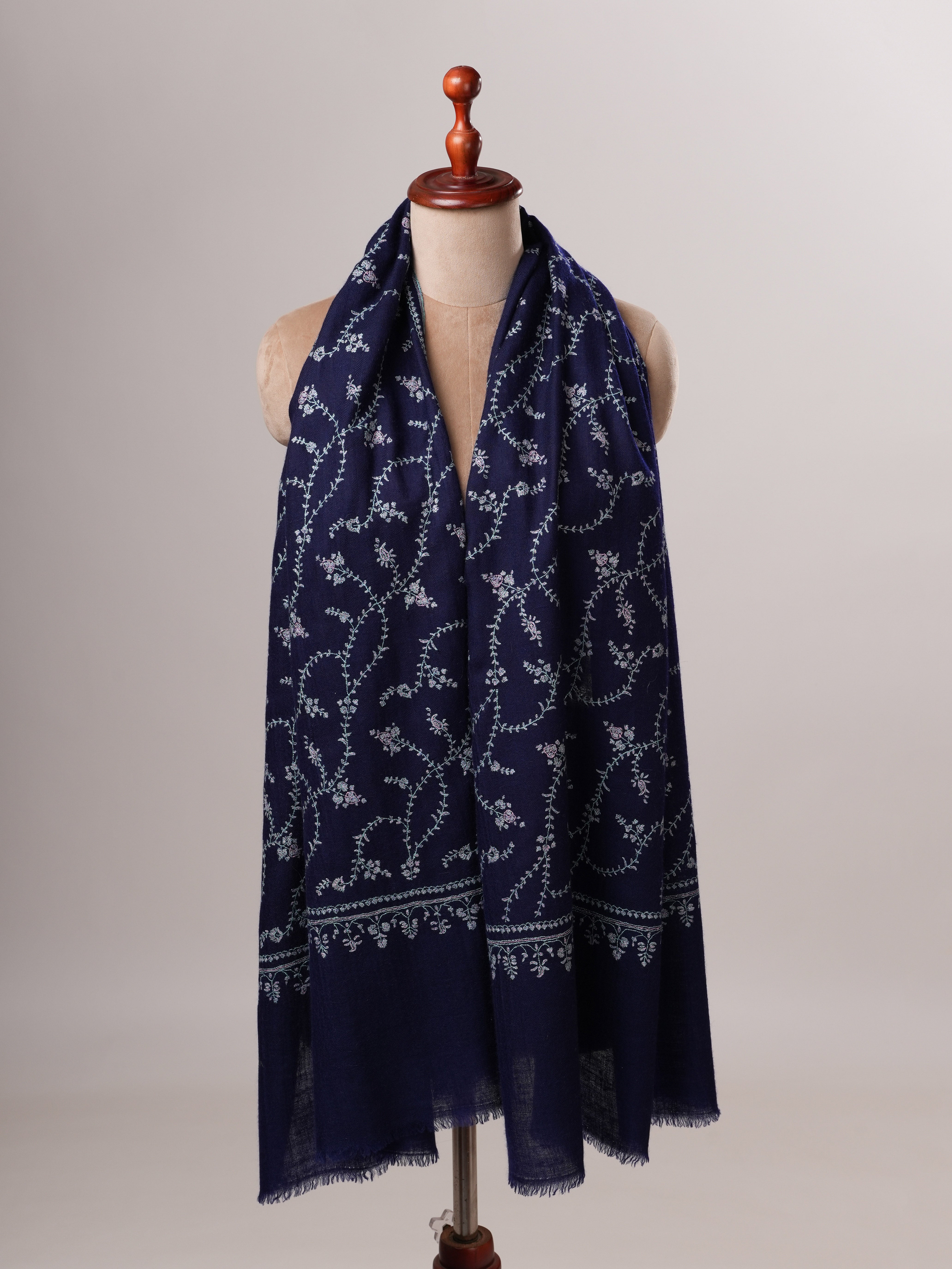 Navy Blue Baby Soft Cashmere Scarf with All Over Hand Embroidery Shahkaar