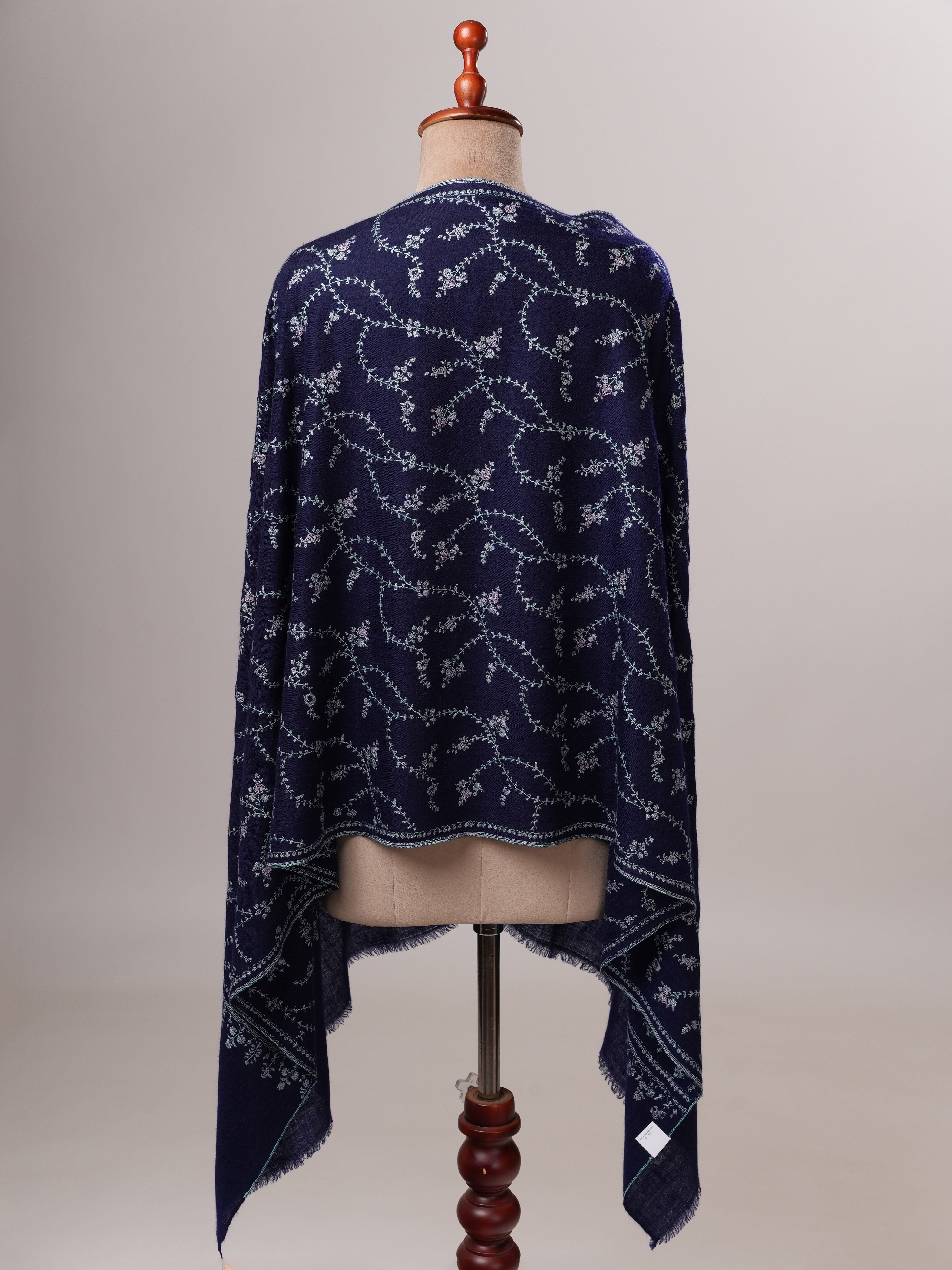 Navy Blue Baby Soft Cashmere Scarf with All Over Hand Embroidery Shahkaar