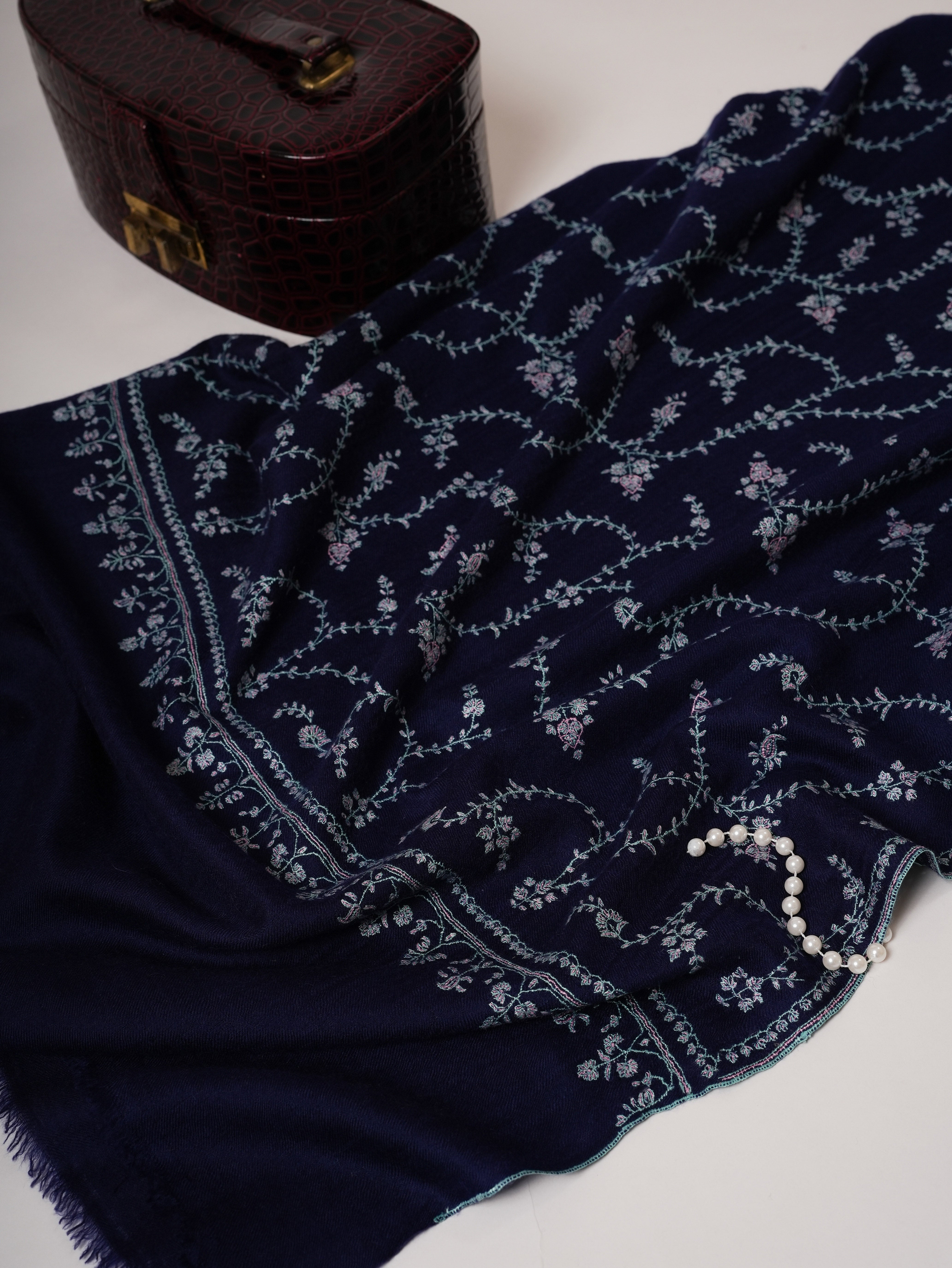Navy Blue Baby Soft Cashmere Scarf with All Over Hand Embroidery Shahkaar