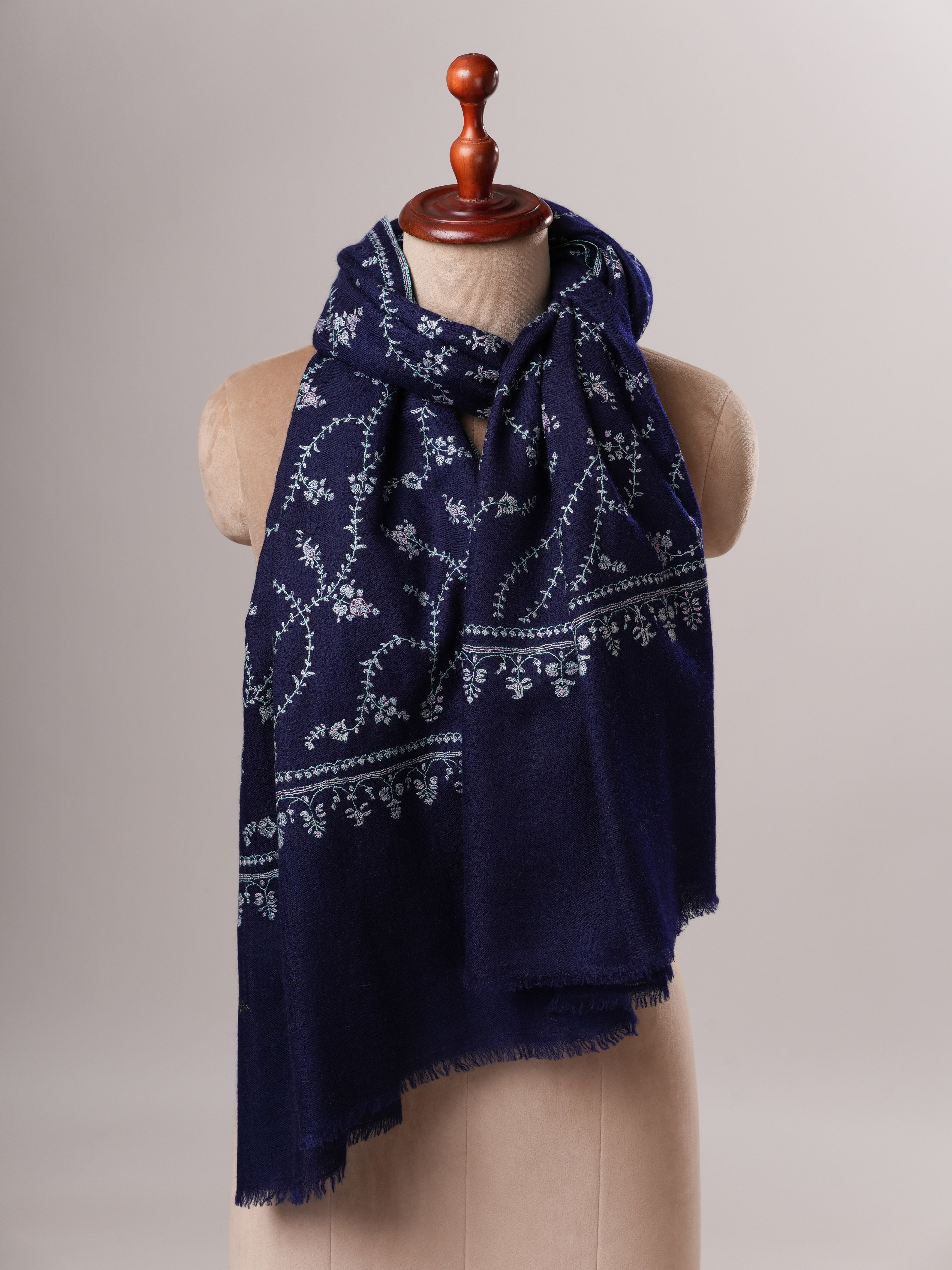 Navy Blue Baby Soft Cashmere Scarf with All Over Hand Embroidery Shahkaar