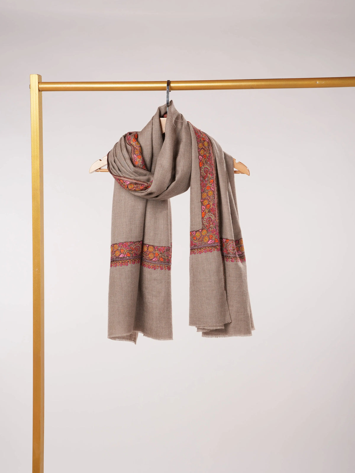 Natural Taupe Featherlight Handwoven Pashmina Shawl with Neemdaur Embroidery Shahkaar.com