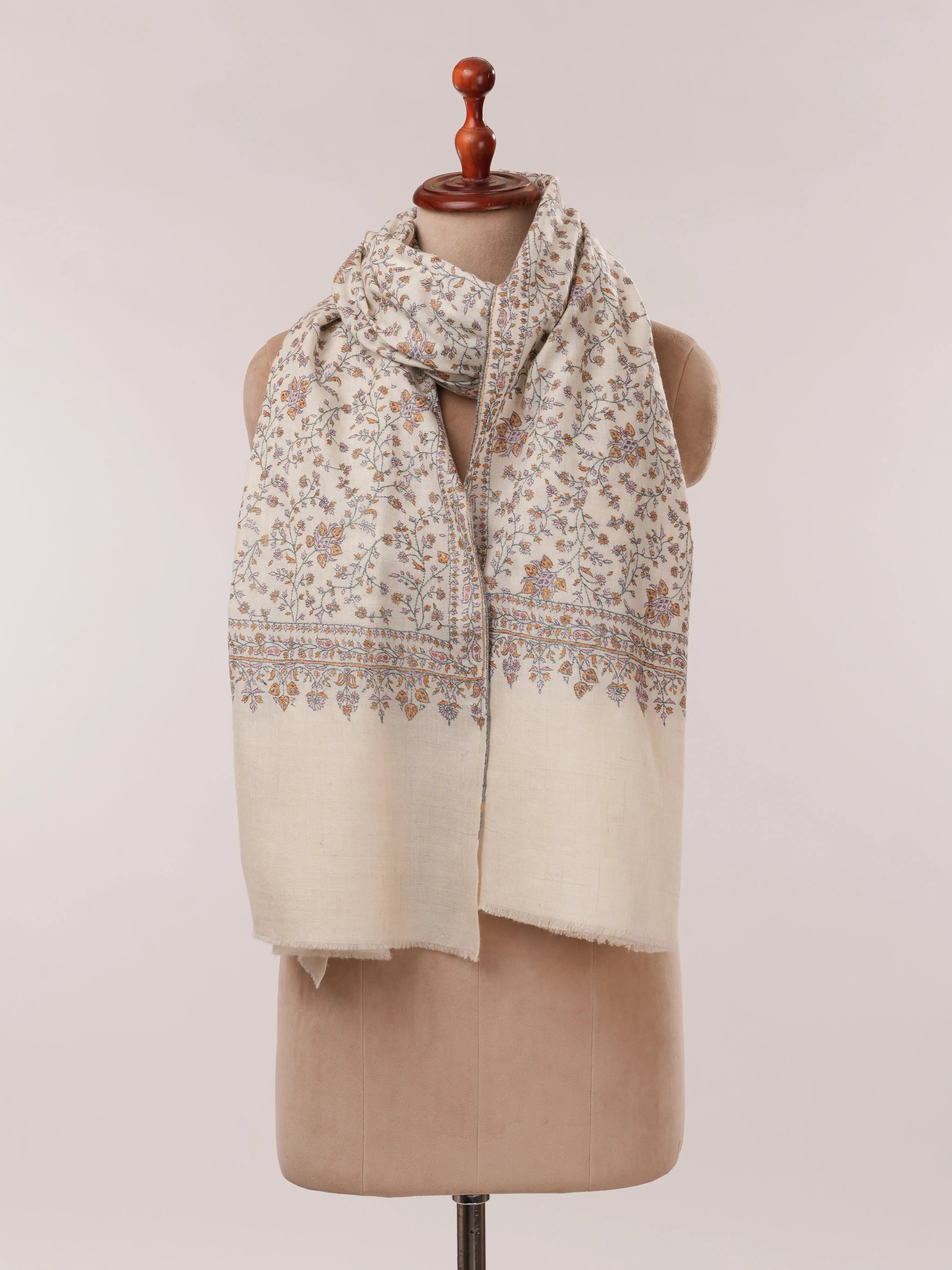Natural White Pure Pashmina Shawl with Detailed Hand Embroidery Shahkaar.com