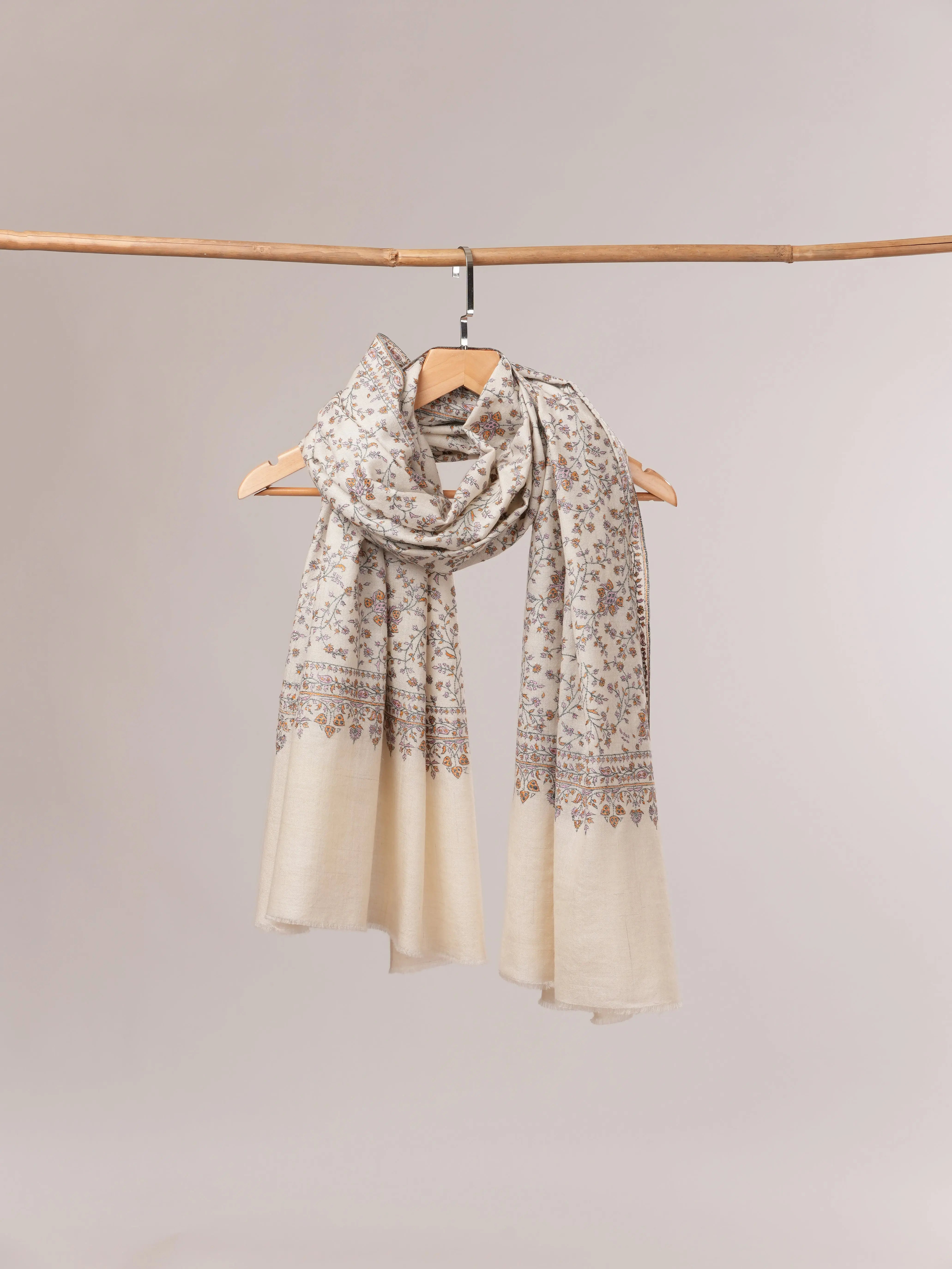 Natural White Pure Pashmina Shawl with Detailed Hand Embroidery Shahkaar.com