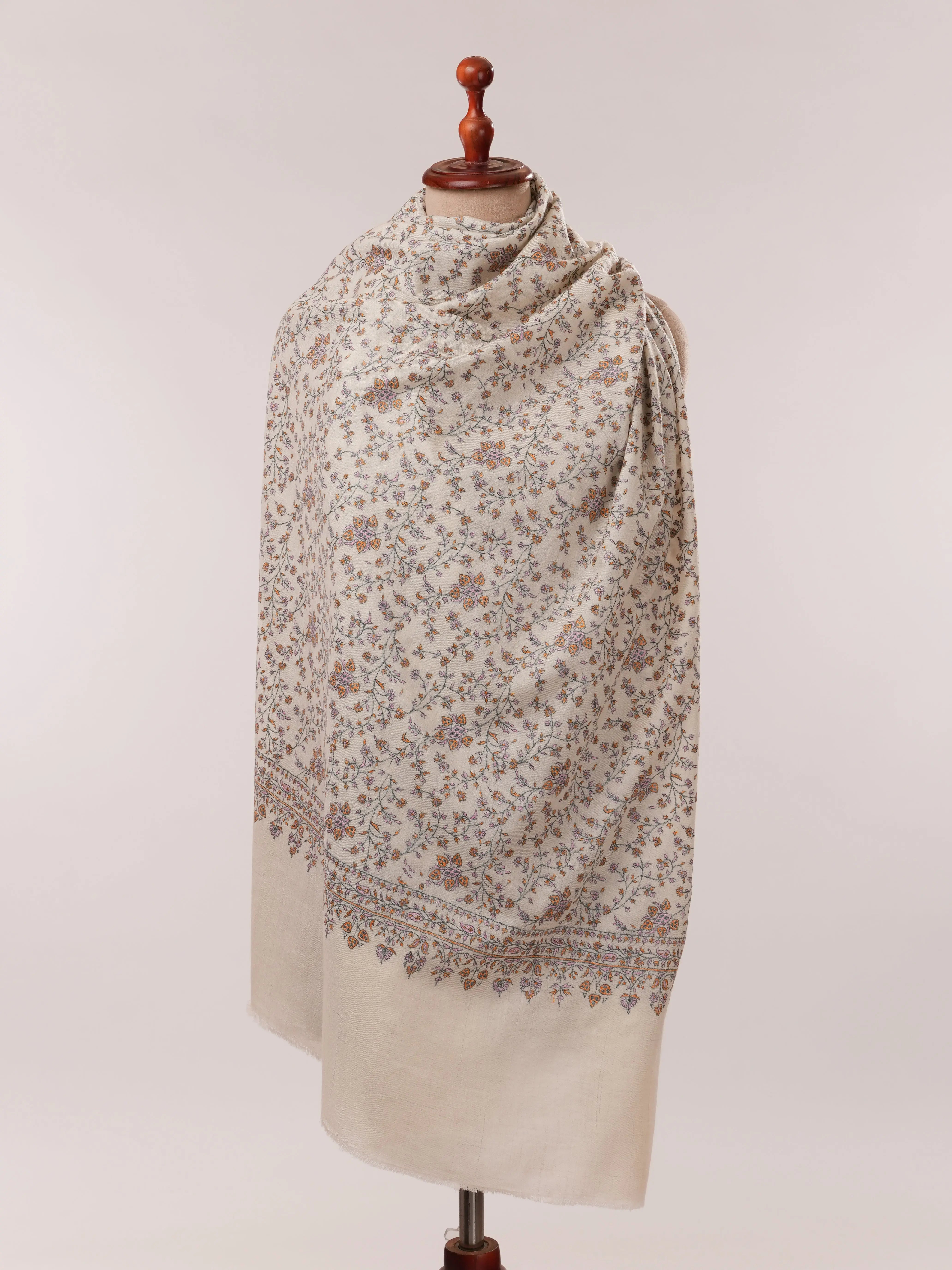 Natural White Pure Pashmina Shawl with Detailed Hand Embroidery Shahkaar.com