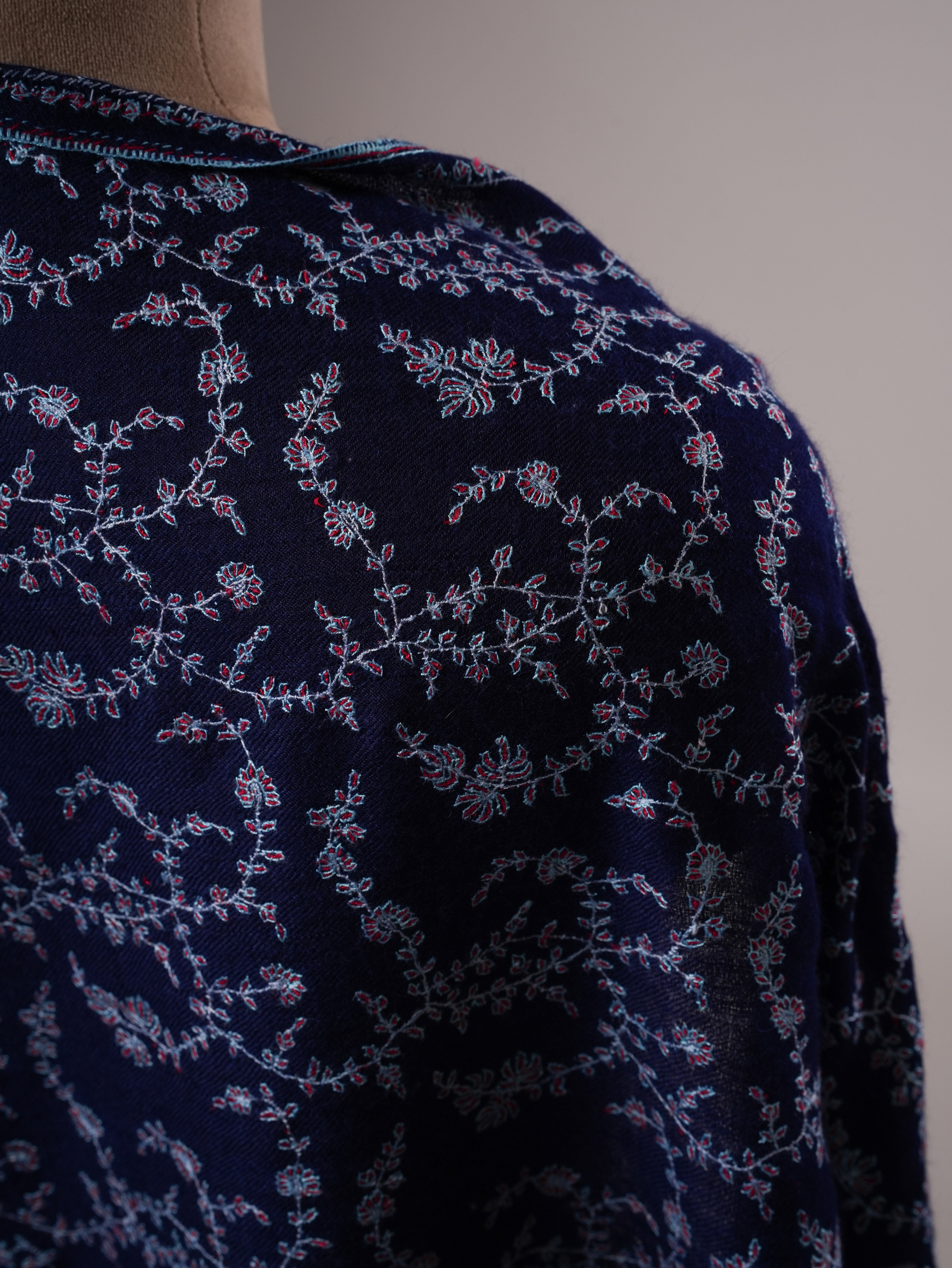 Dark Blue Cashmere Scarf with All-Over Sozni Hand Embroidery Shahkaar