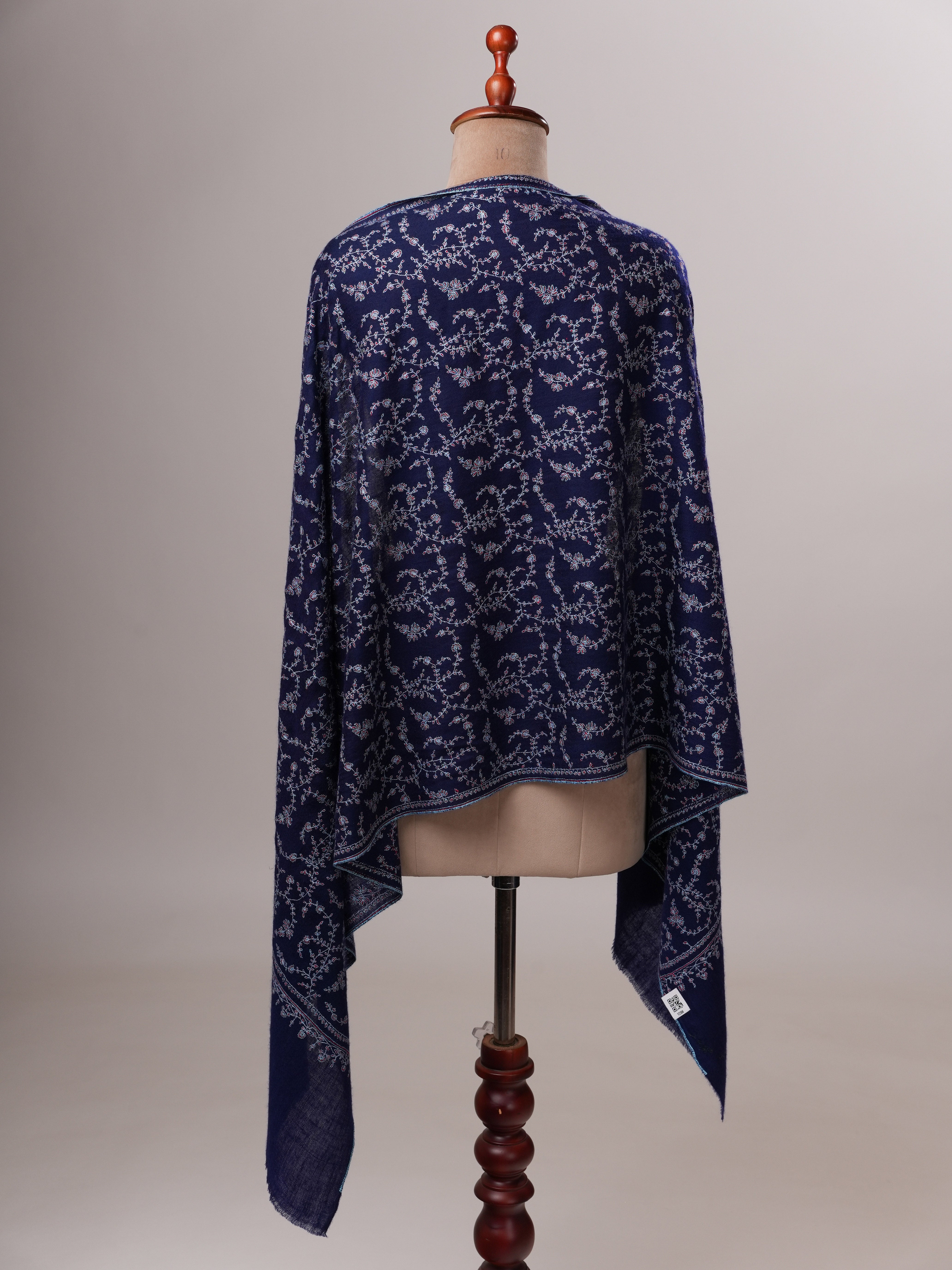 Dark Blue Cashmere Scarf with All-Over Sozni Hand Embroidery Shahkaar