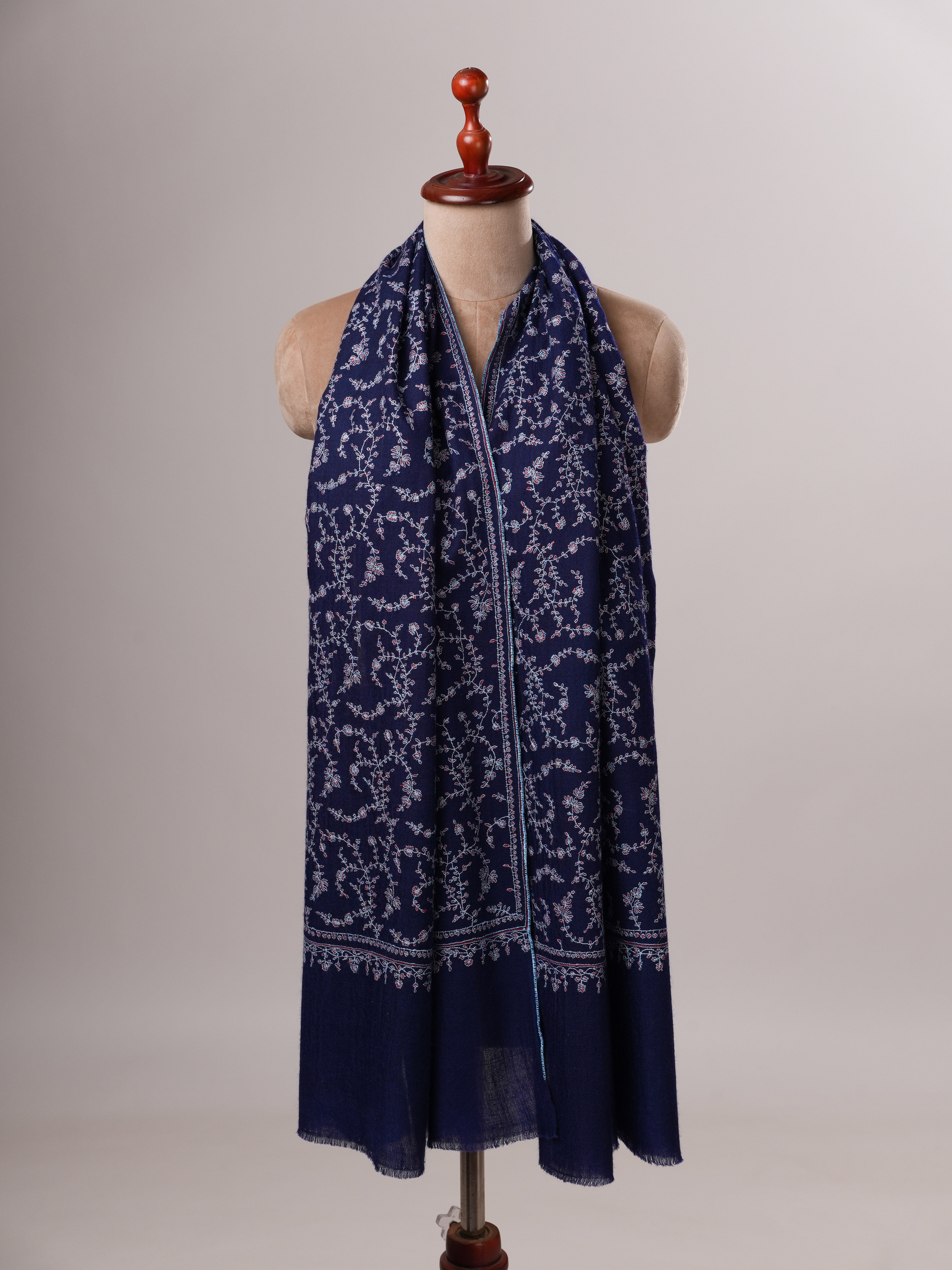 Dark Blue Cashmere Scarf with All-Over Sozni Hand Embroidery Shahkaar