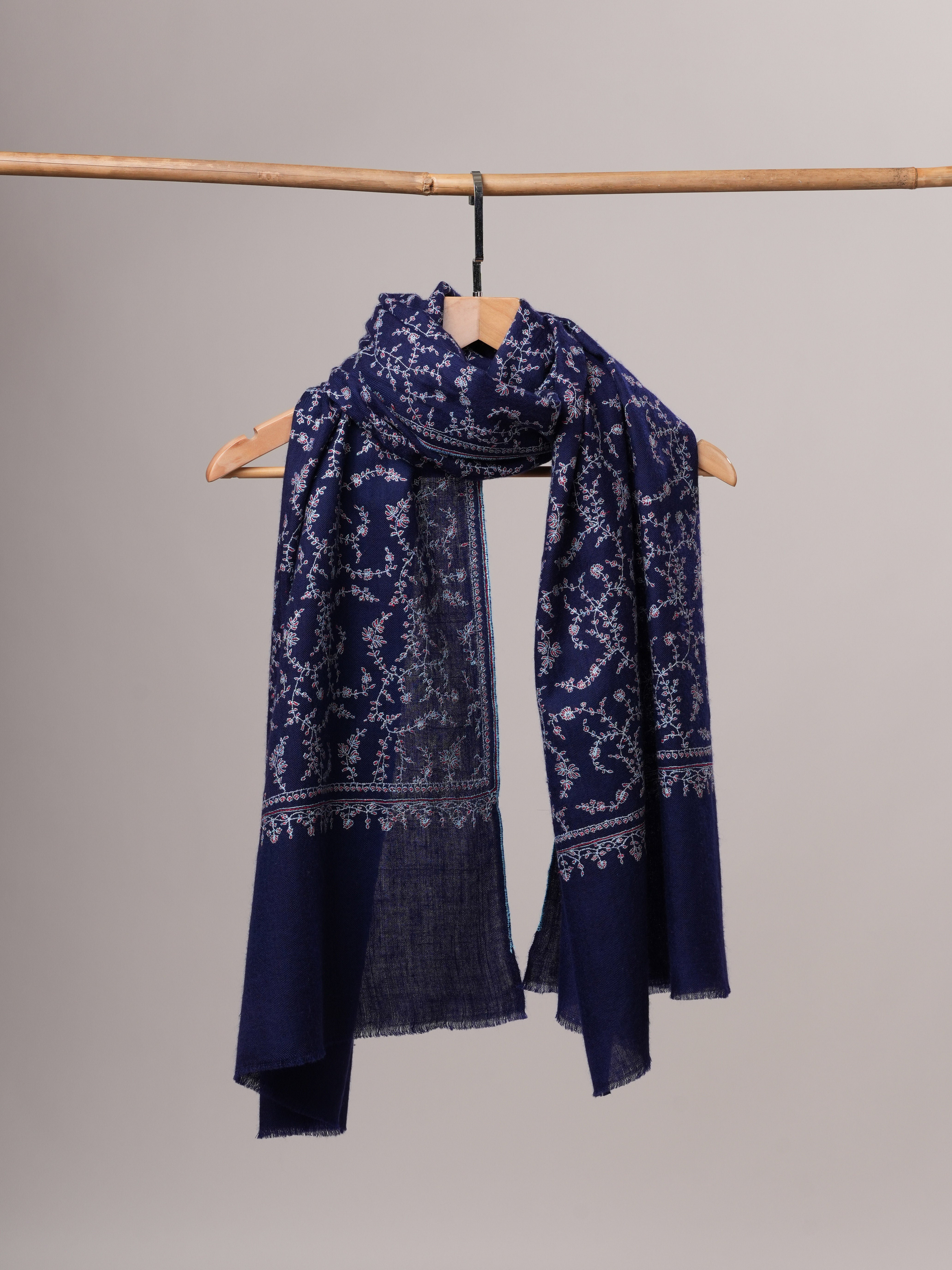 Dark Blue Cashmere Scarf with All-Over Sozni Hand Embroidery Shahkaar