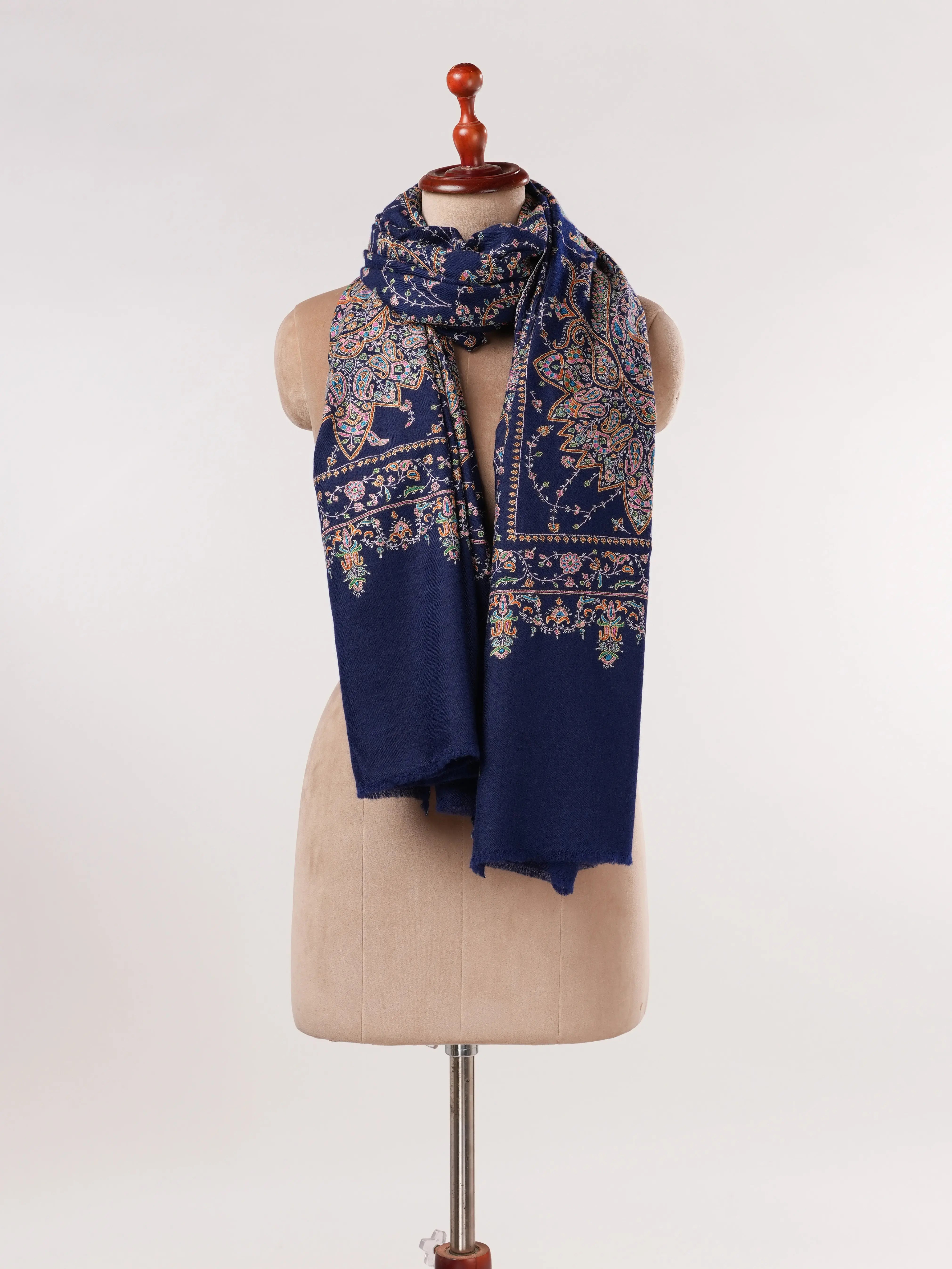 Navy Blue Jali Sozni Hand Embroidered Pure Handwoven Pashmina Shawl Shahkaar.com