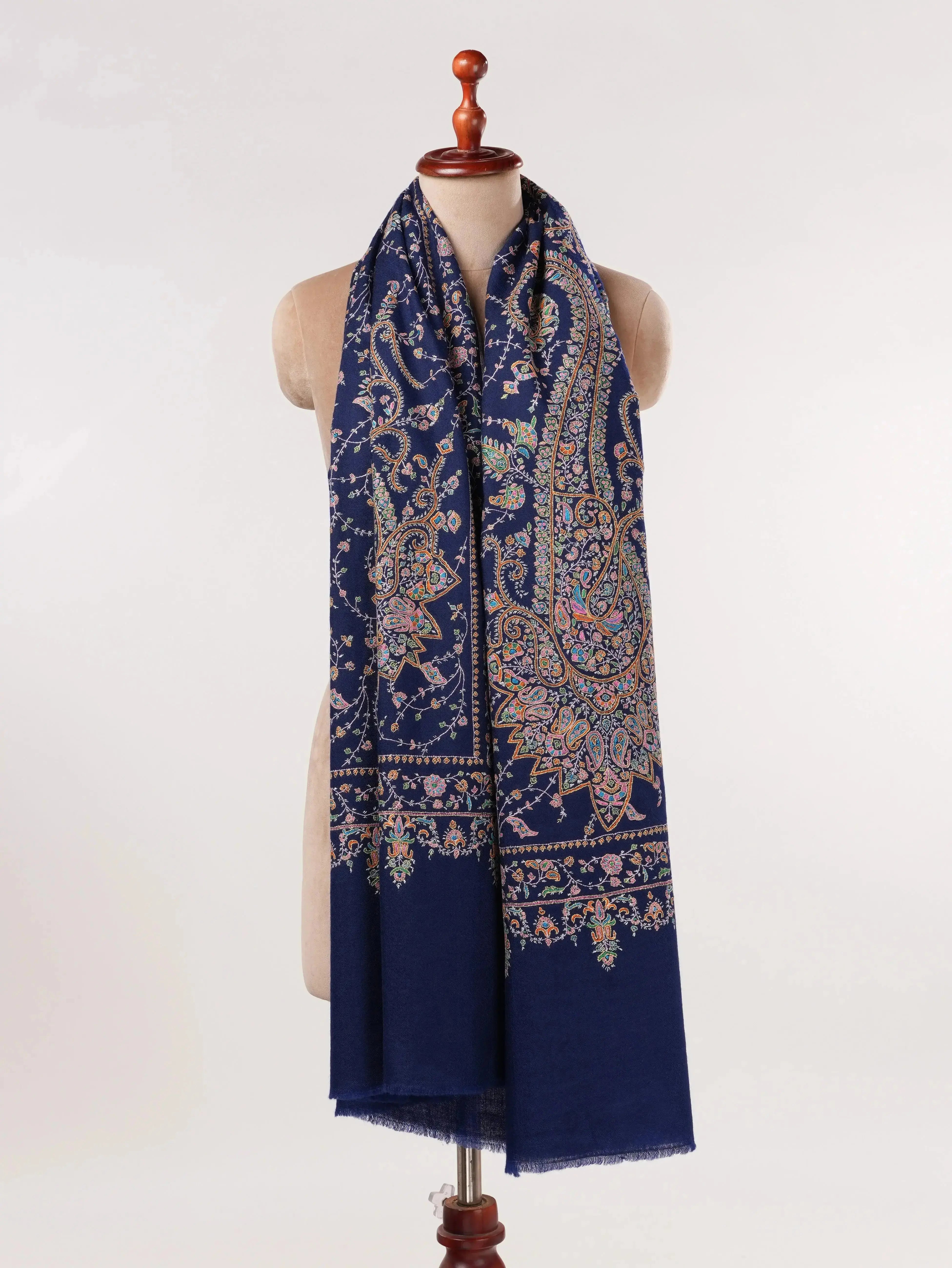 Navy Blue Jali Sozni Hand Embroidered Pure Handwoven Pashmina Shawl Shahkaar.com