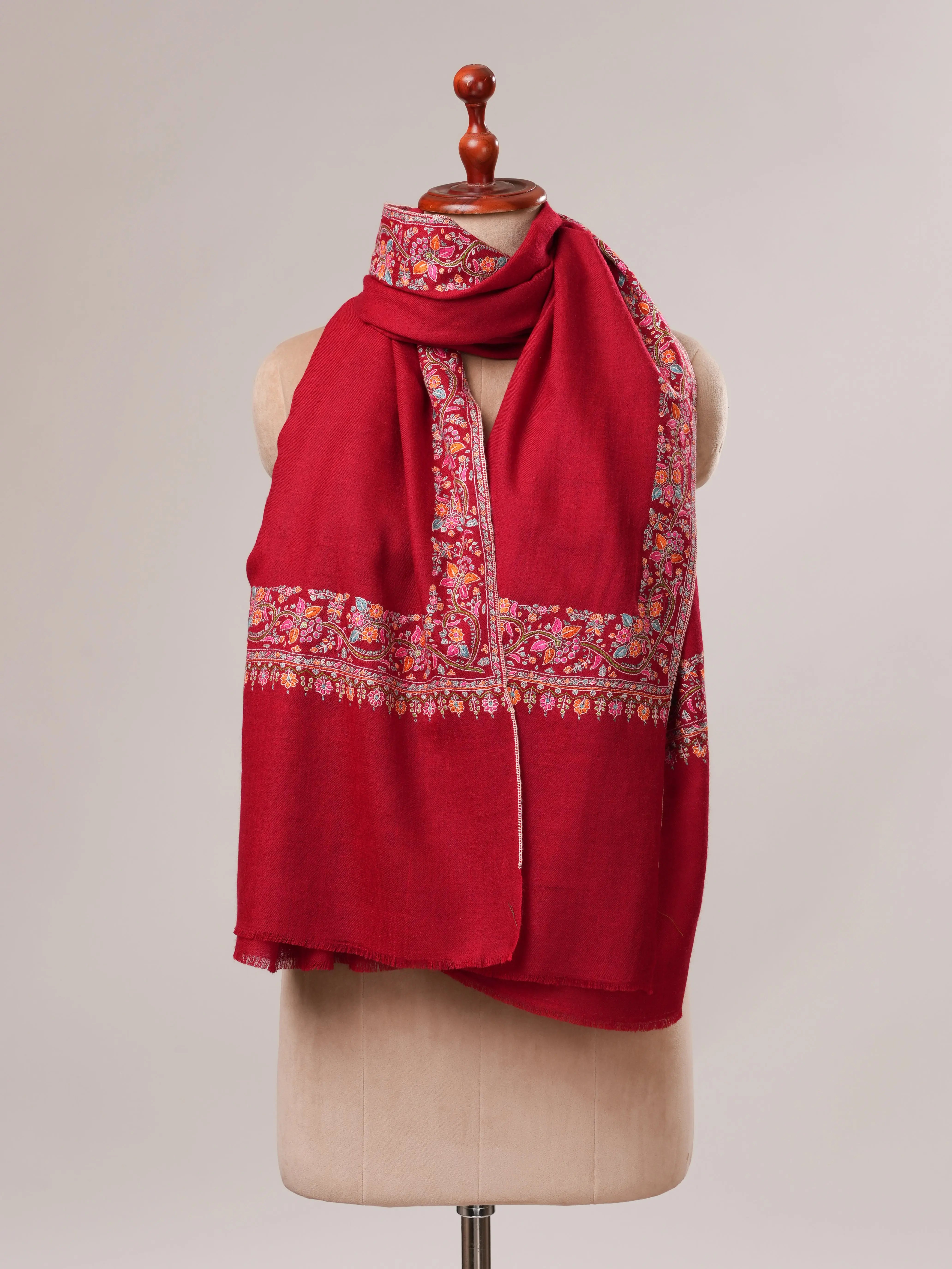 Red Neemdaur Hand Embroidered Pashmina Shawl Shahkaar.com