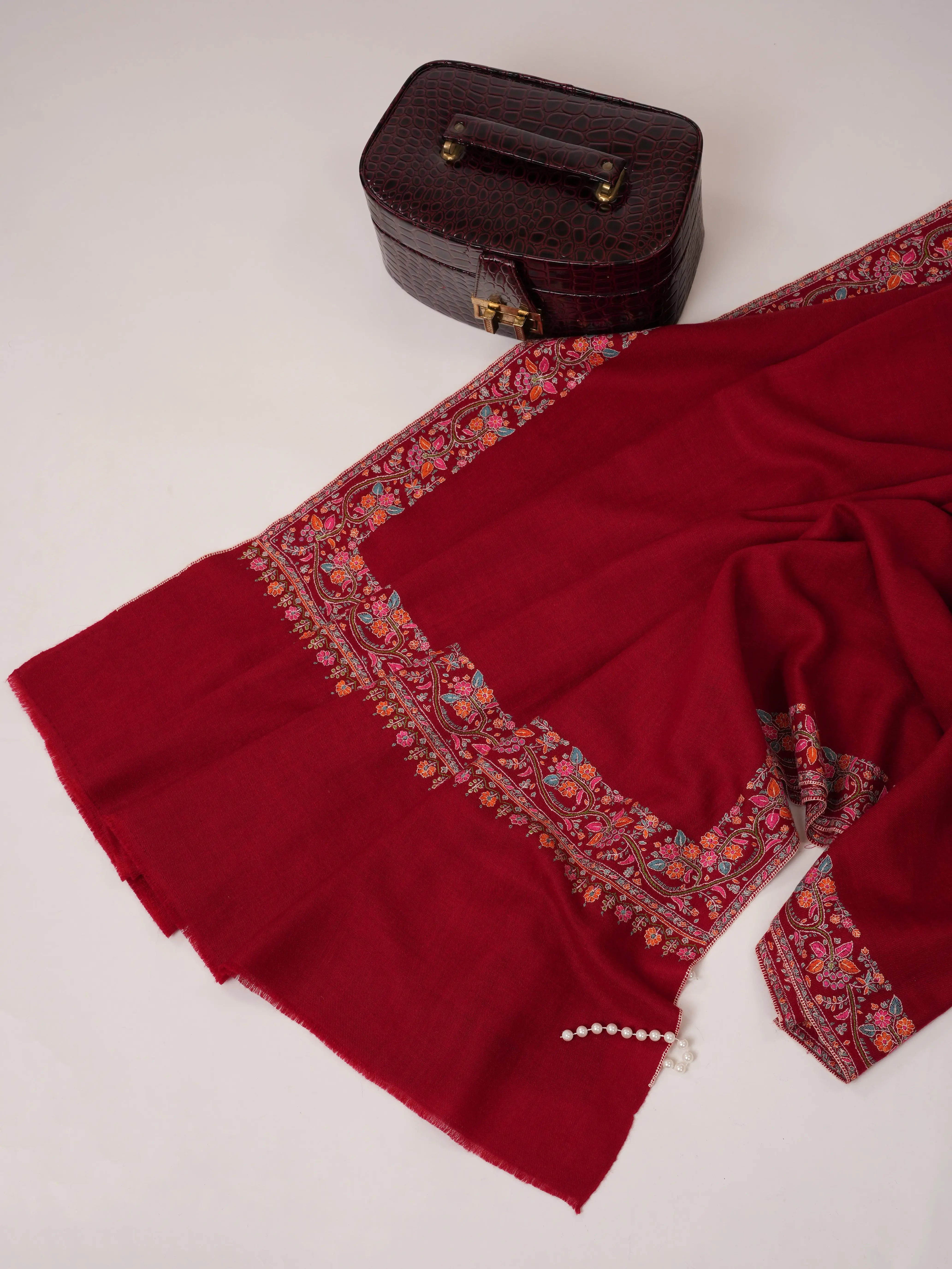 Red Neemdaur Hand Embroidered Pashmina Shawl Shahkaar.com