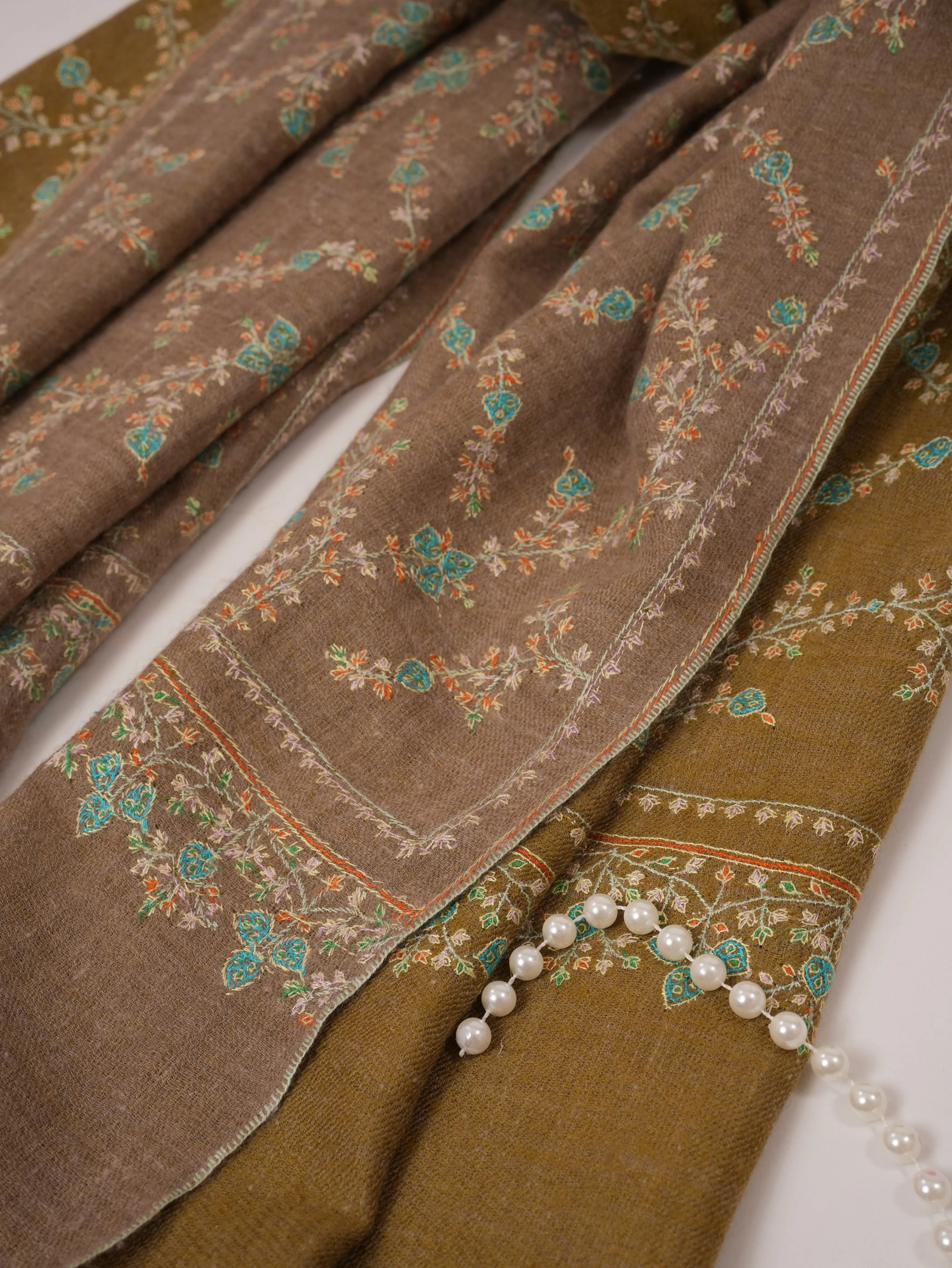 Soft Grey and Natural Taupe Dual Tone Pashmina with Hand Embroidery Shahkaar.com