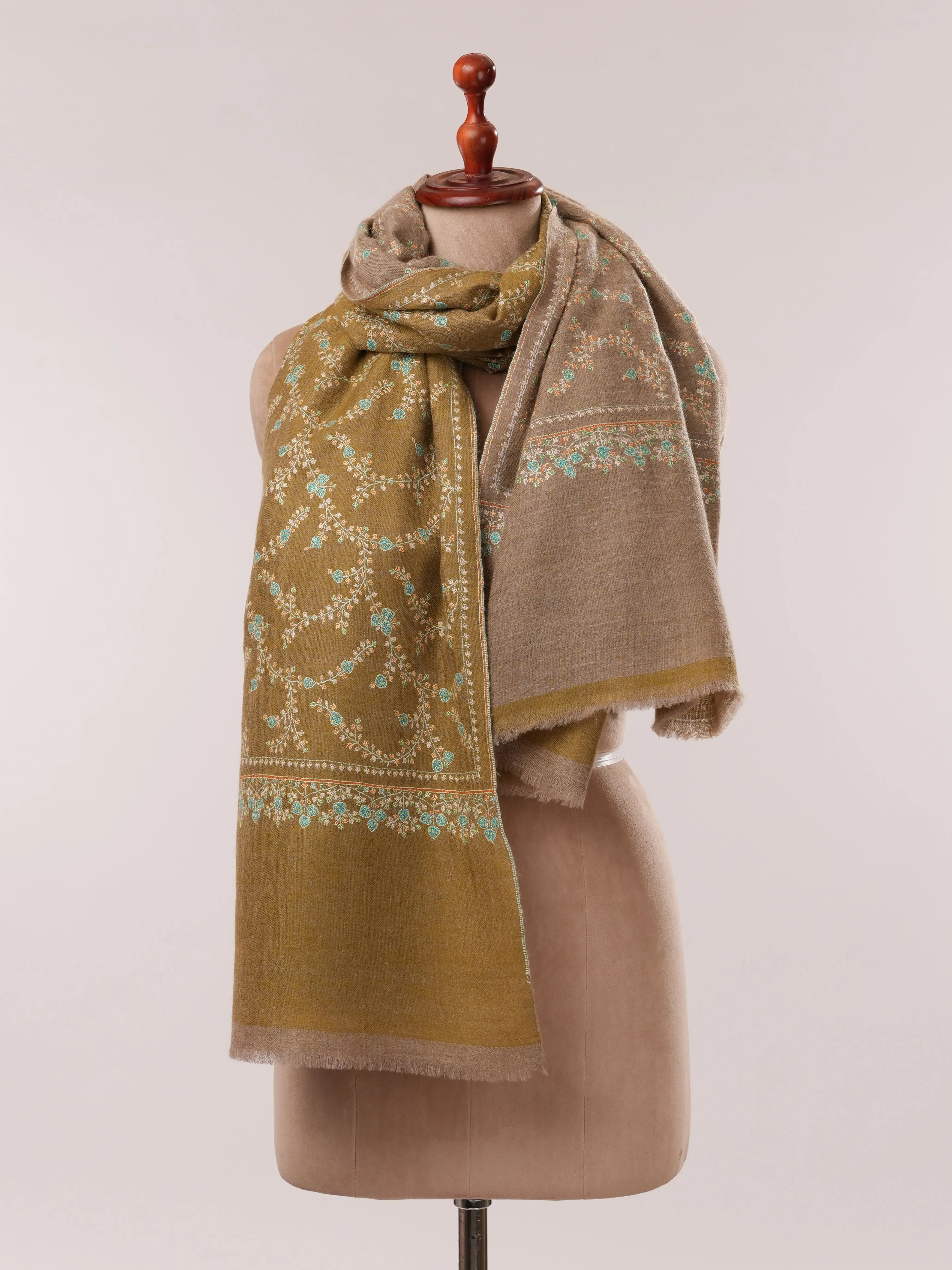 Soft Grey and Natural Taupe Dual Tone Pashmina with Hand Embroidery Shahkaar.com