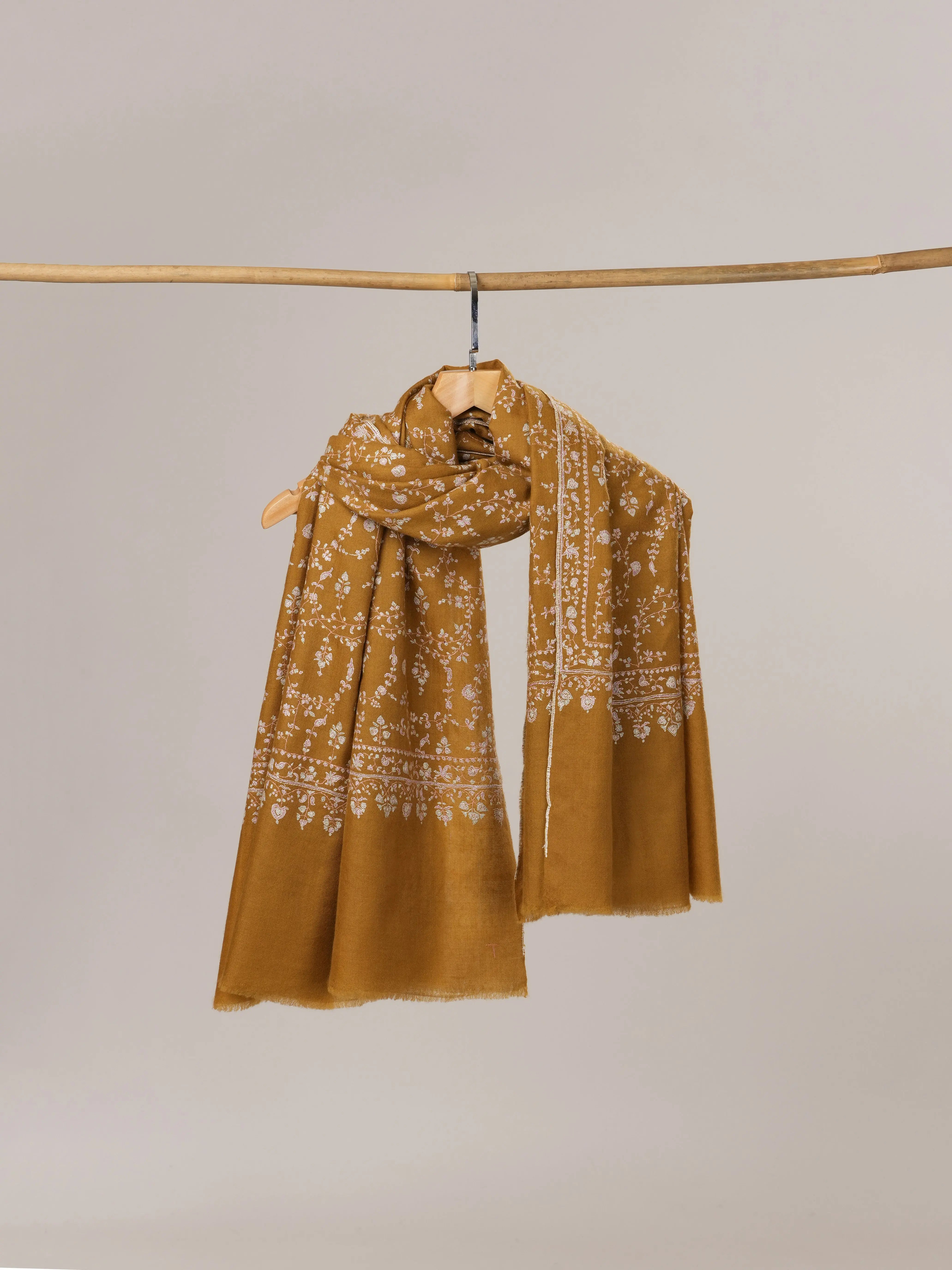 Mustard Pashmina Shawl with All Over Jali Hand Embroidery Shahkaar.com