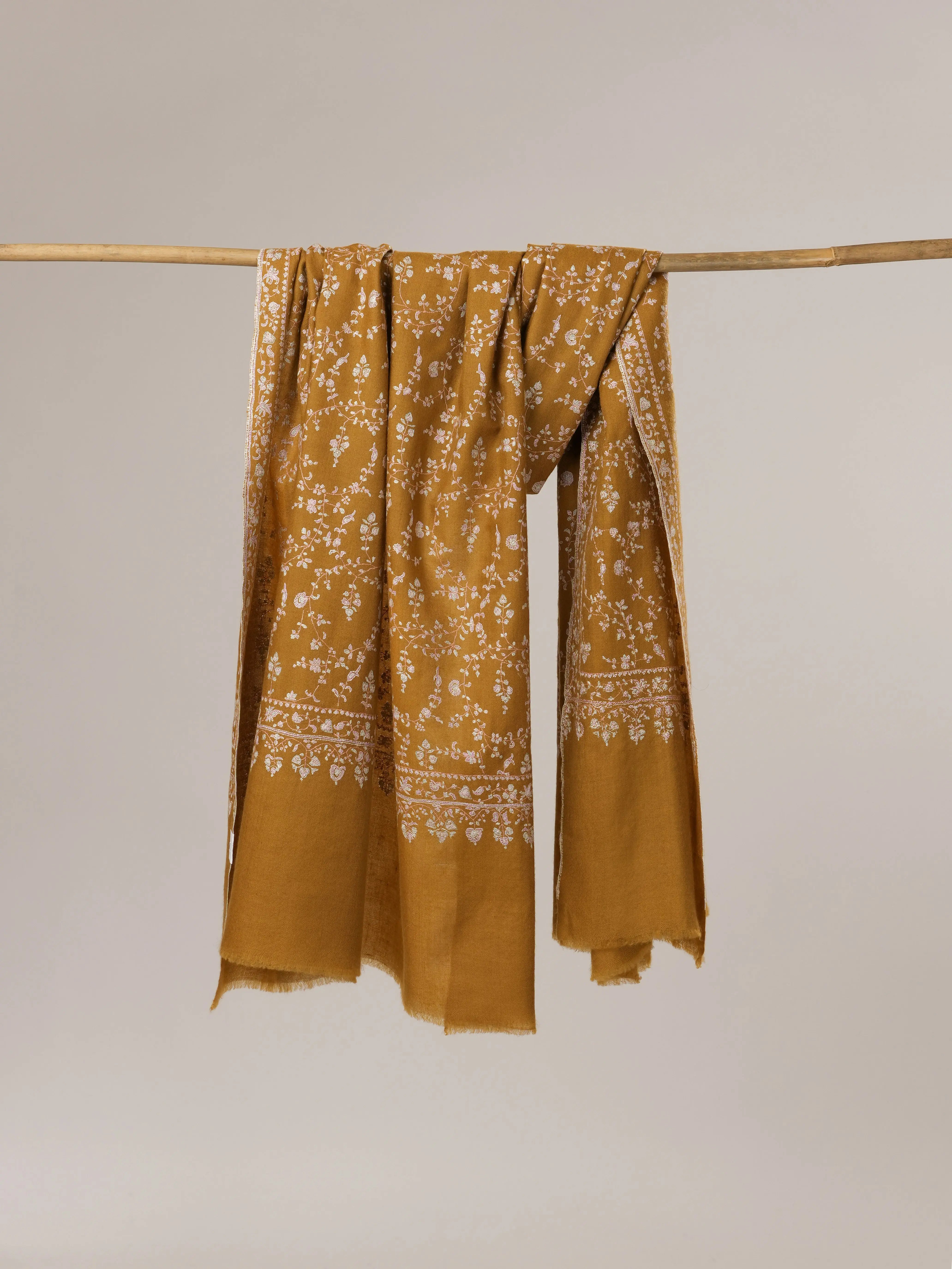 Mustard Pashmina Shawl with All Over Jali Hand Embroidery Shahkaar.com