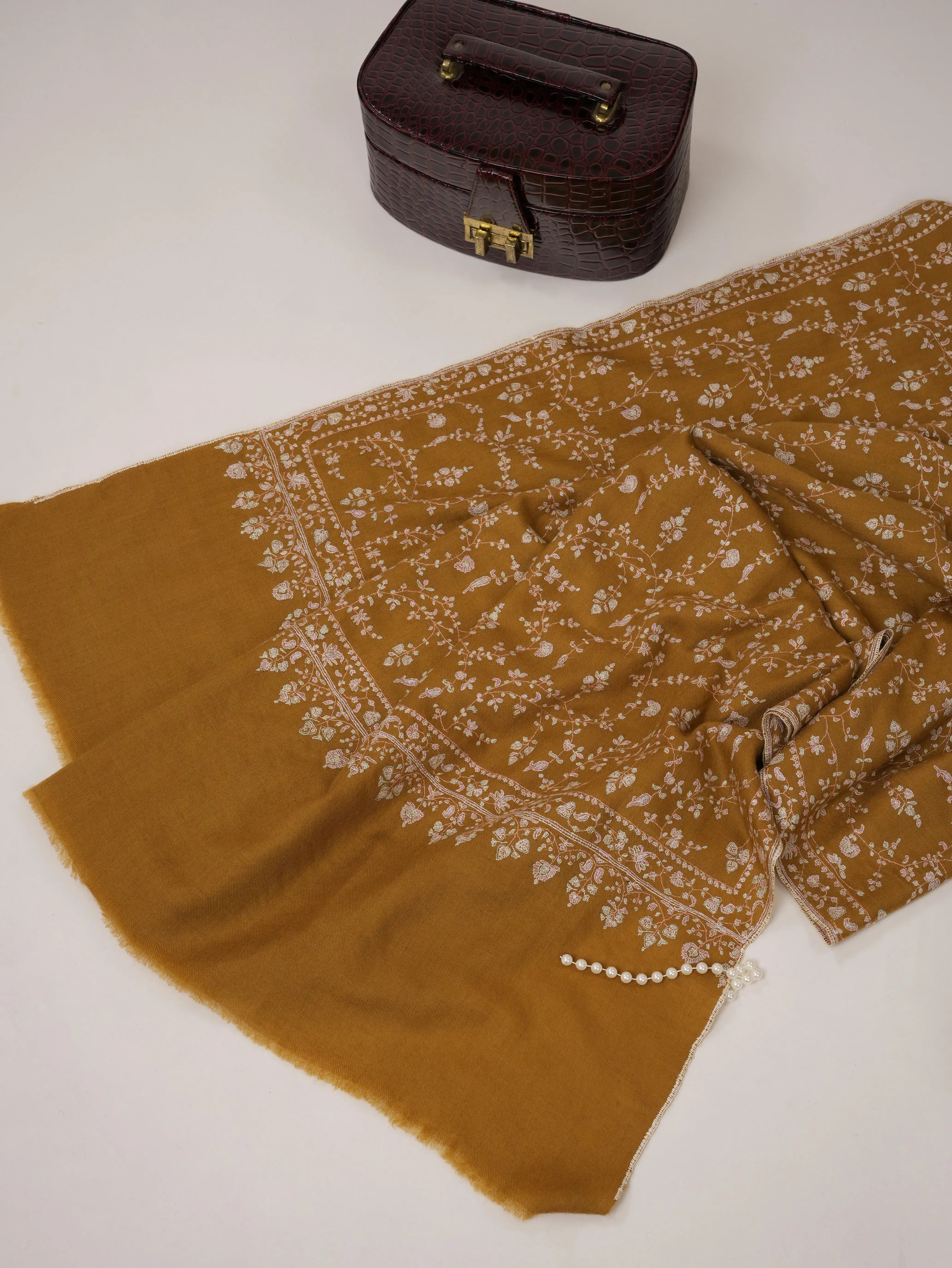 Mustard Pashmina Shawl with All Over Jali Hand Embroidery Shahkaar.com