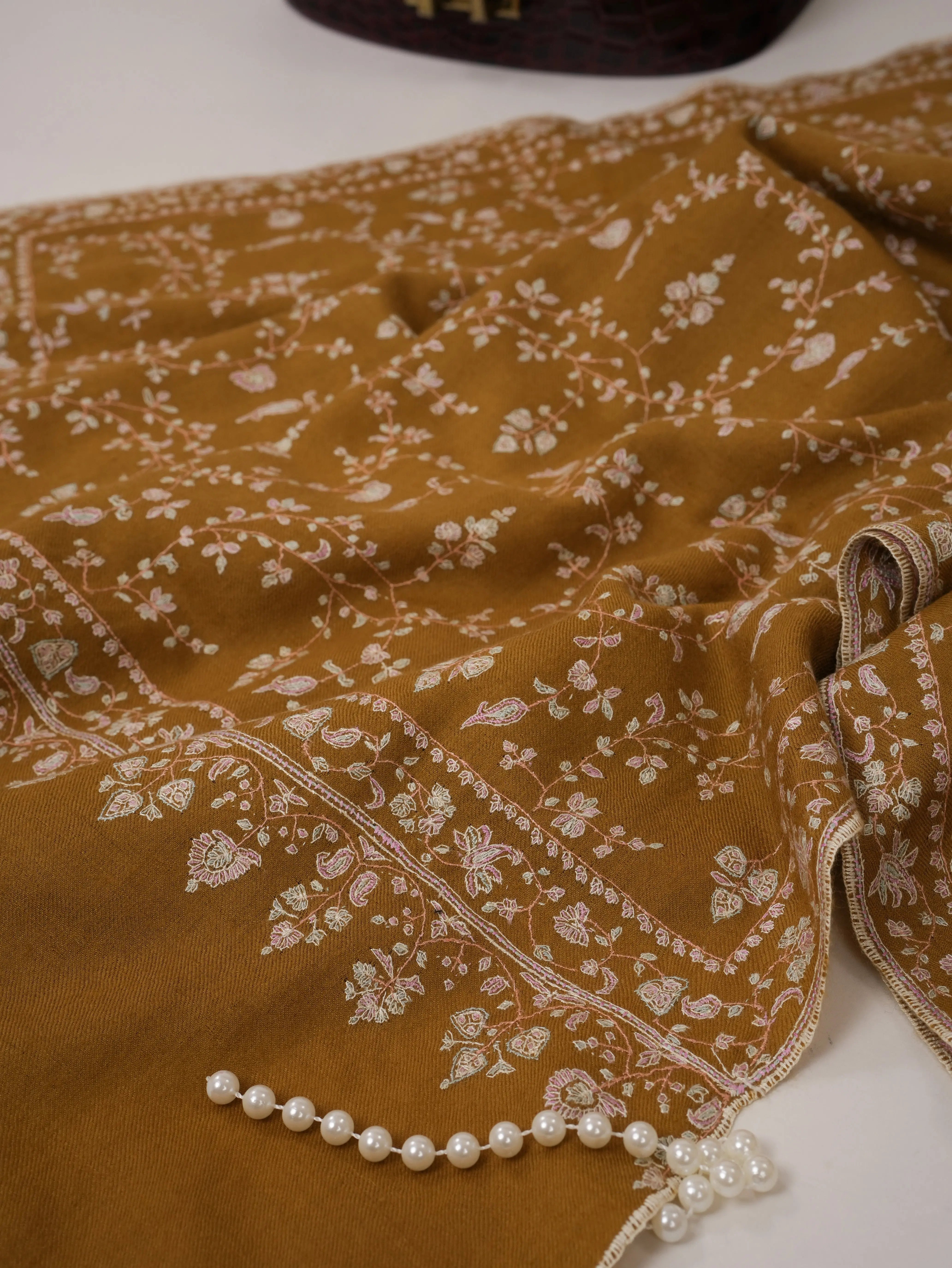 Mustard Pashmina Shawl with All Over Jali Hand Embroidery Shahkaar.com