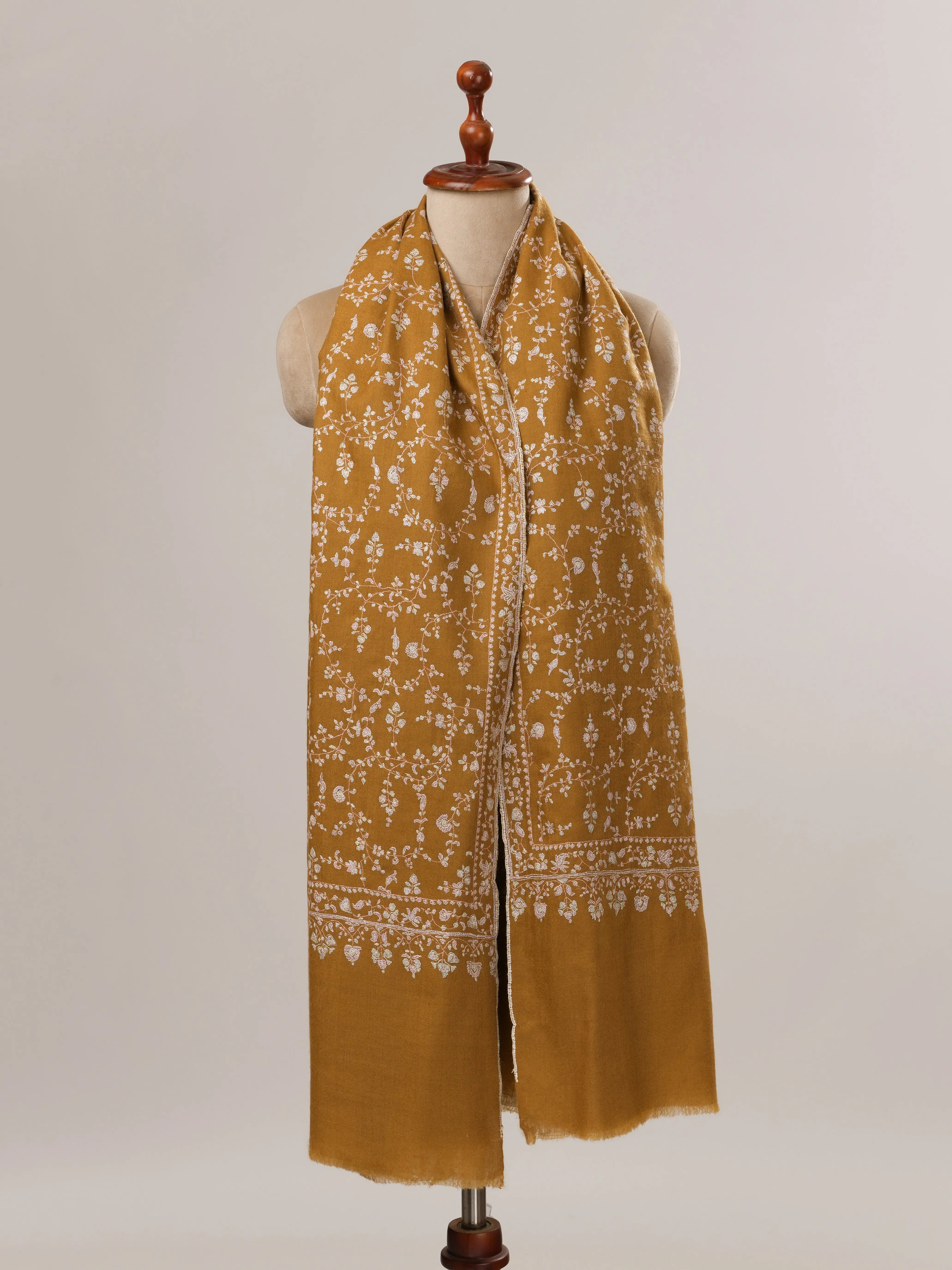 Mustard Pashmina Shawl with All Over Jali Hand Embroidery Shahkaar.com