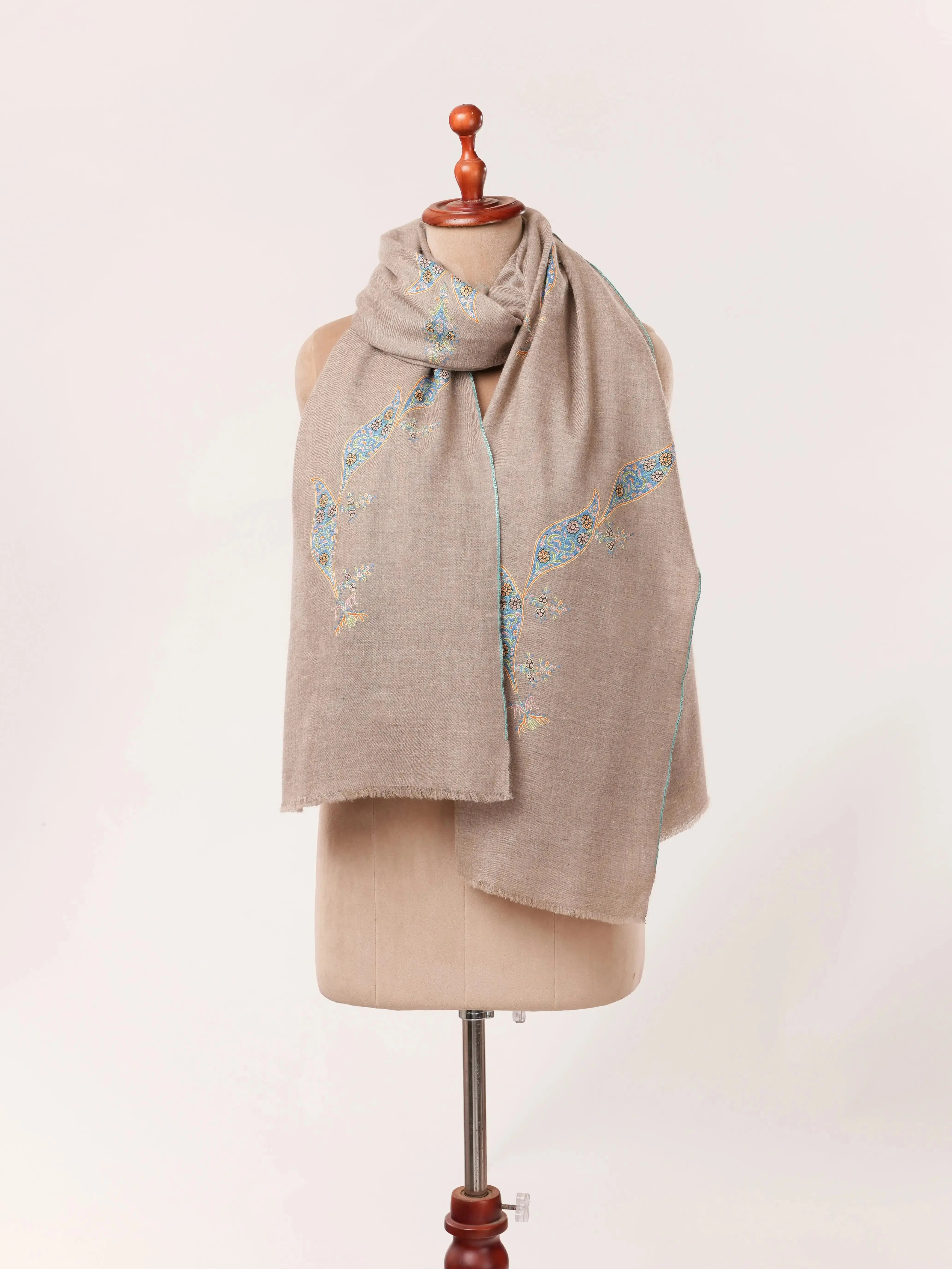Luxurious Butidar Handwoven Kashmiri Pashmina Natural Taupe Shawl with Hand Sozni Embroidery Shahkaar.com
