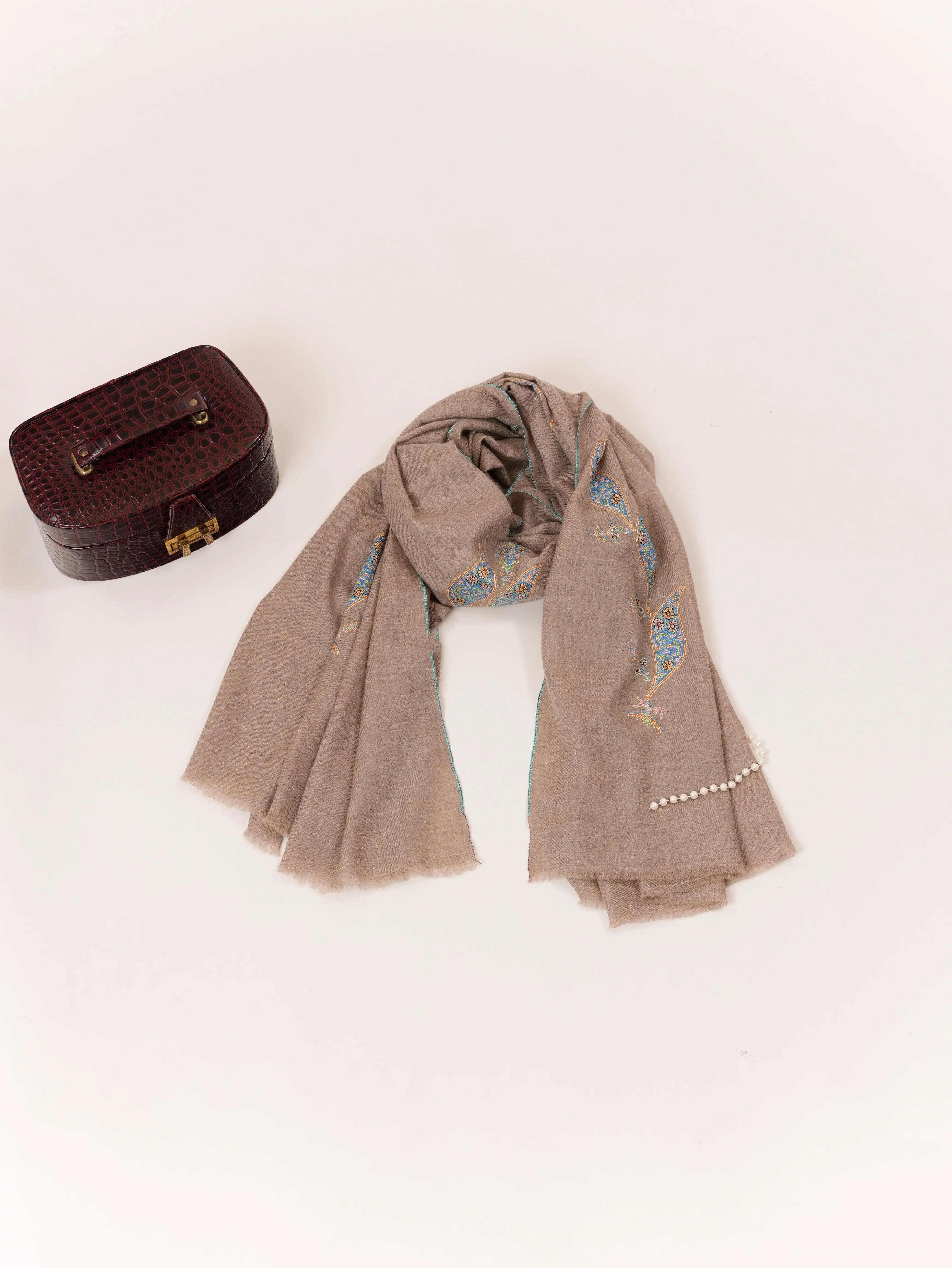 Luxurious Butidar Handwoven Kashmiri Pashmina Natural Taupe Shawl with Hand Sozni Embroidery Shahkaar.com