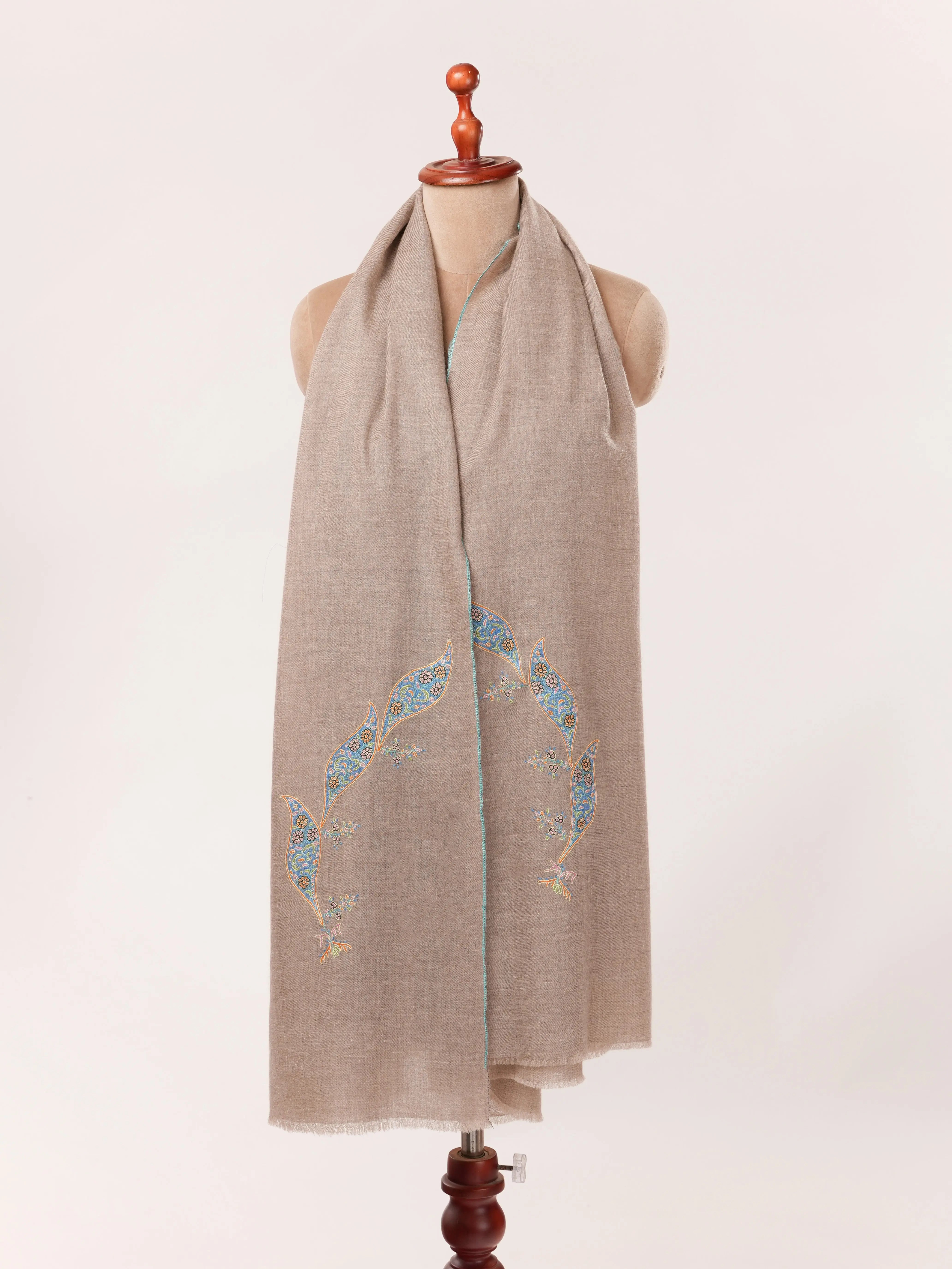 Luxurious Butidar Handwoven Kashmiri Pashmina Natural Taupe Shawl with Hand Sozni Embroidery Shahkaar.com