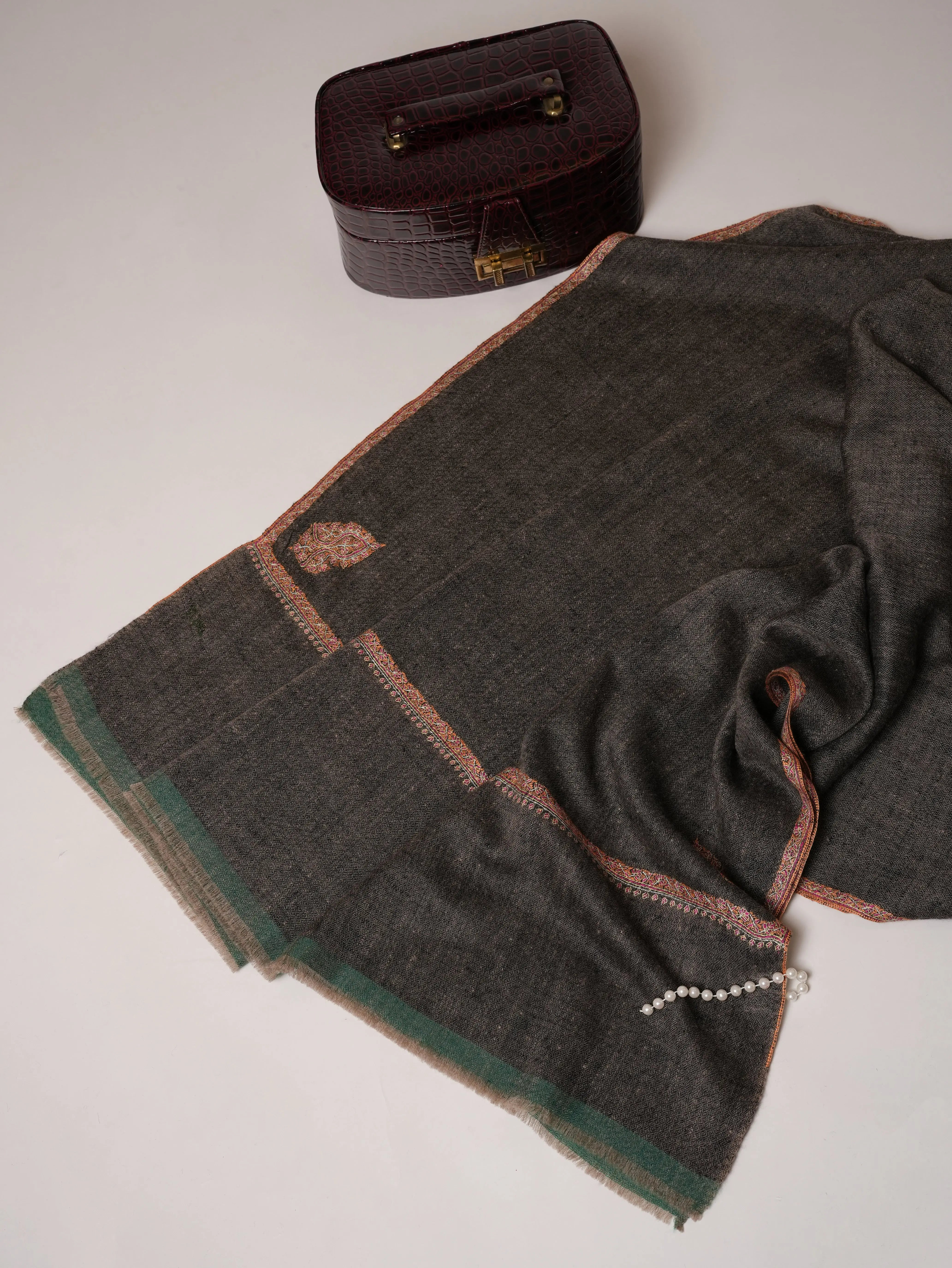 Black Pashmina Shawl with Bail Classic Hand Embroidery Shahkaar.com