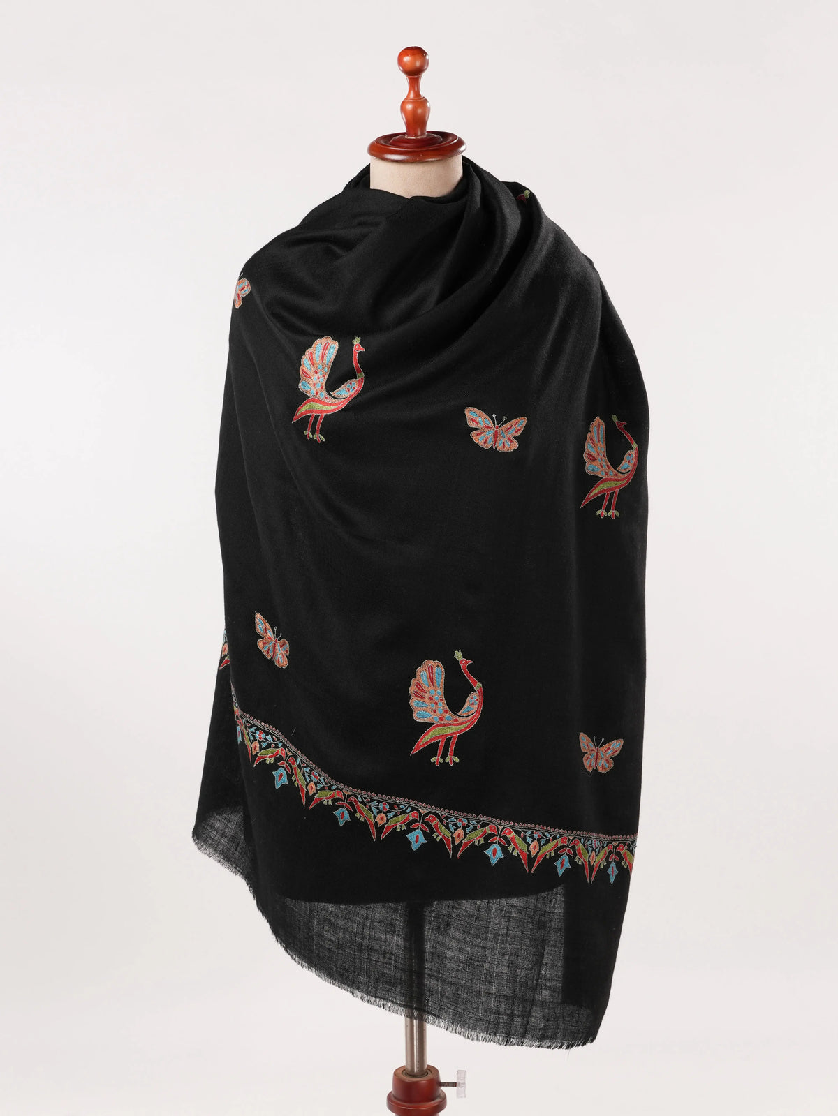 Black Handwoven Pashmina Shawl with Peacock Buteh Hand Embroidery