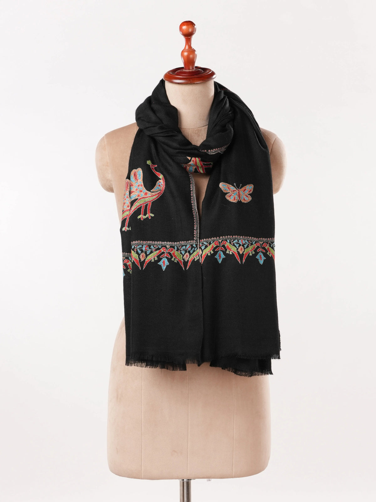 Black Handwoven Pashmina Shawl with Peacock Buteh Hand Embroidery