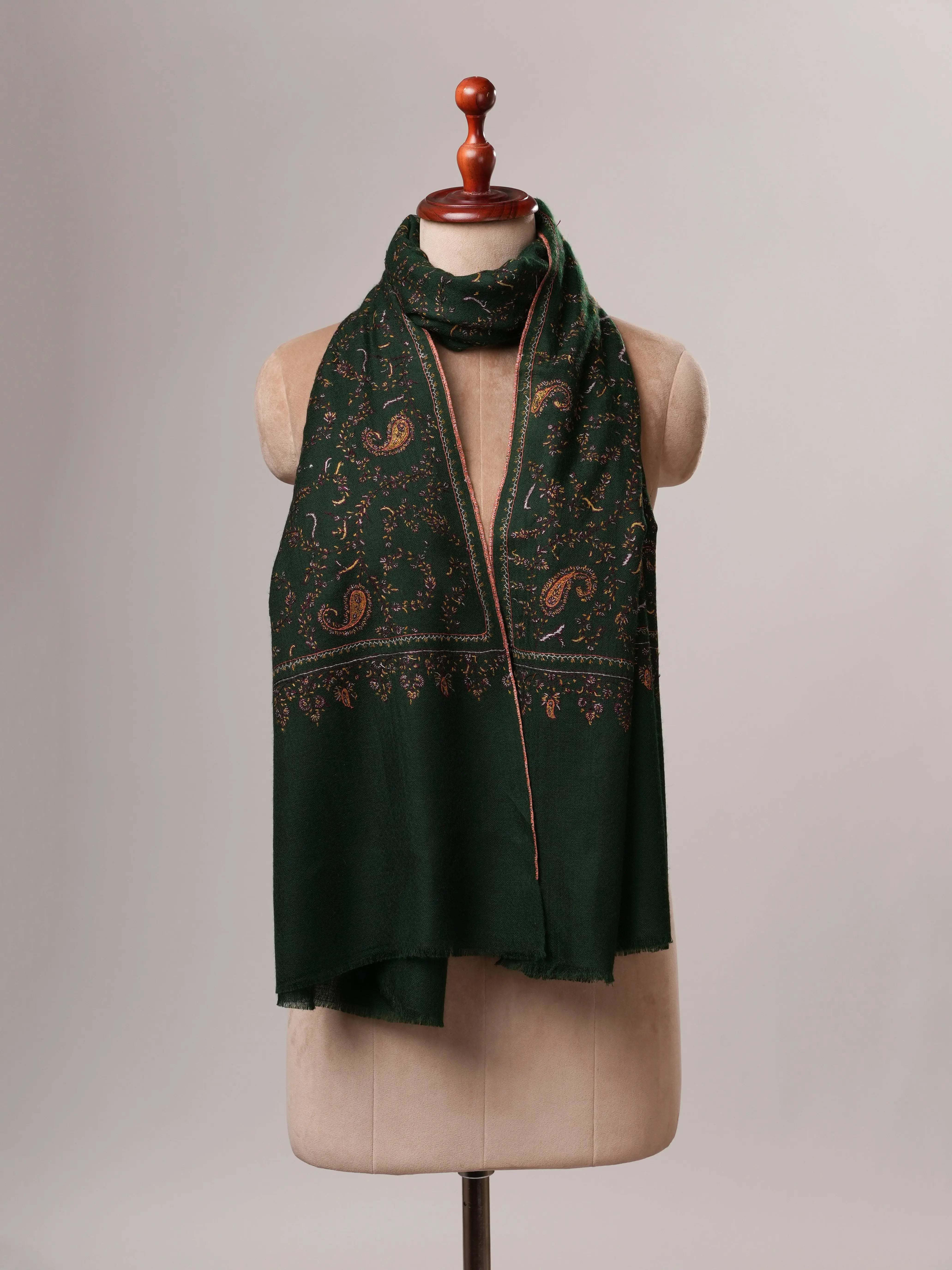 Dark Green Baby Soft Cashmere Scarf with All-Over Hand Embroidery Shahkaar
